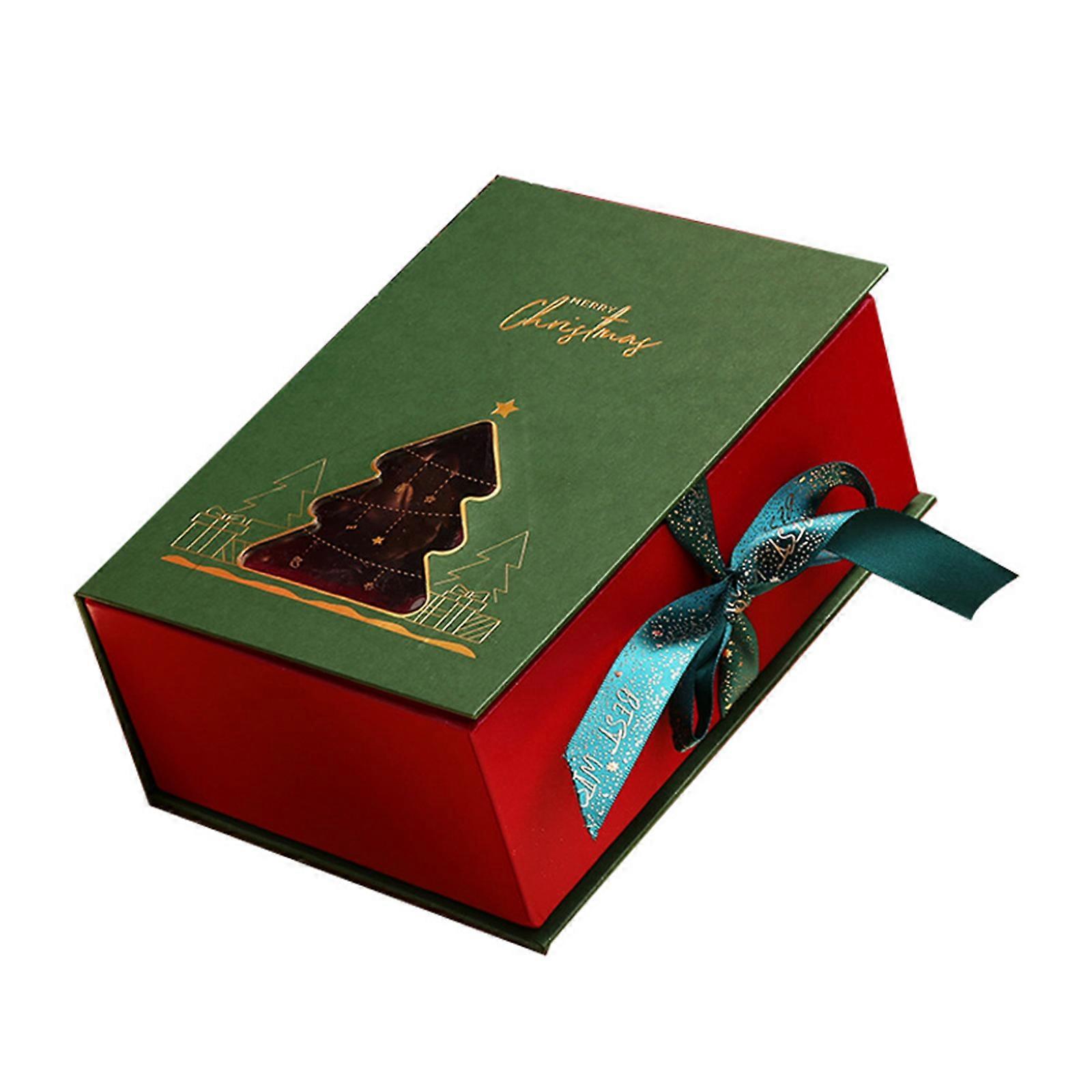 Christmas Paper Gift Box with Ribbon Bowknot Clear Window Cute Xmas Tree Book Shaped Flip Lid Candy Packaging for Case D Green S