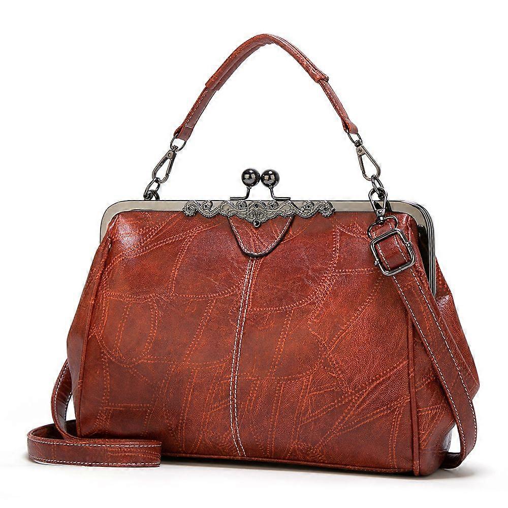 Women Handbag Purse Oil Wax PU Leather Tote Satchel Retro Kiss Lock Shoulder Crossbody Bag