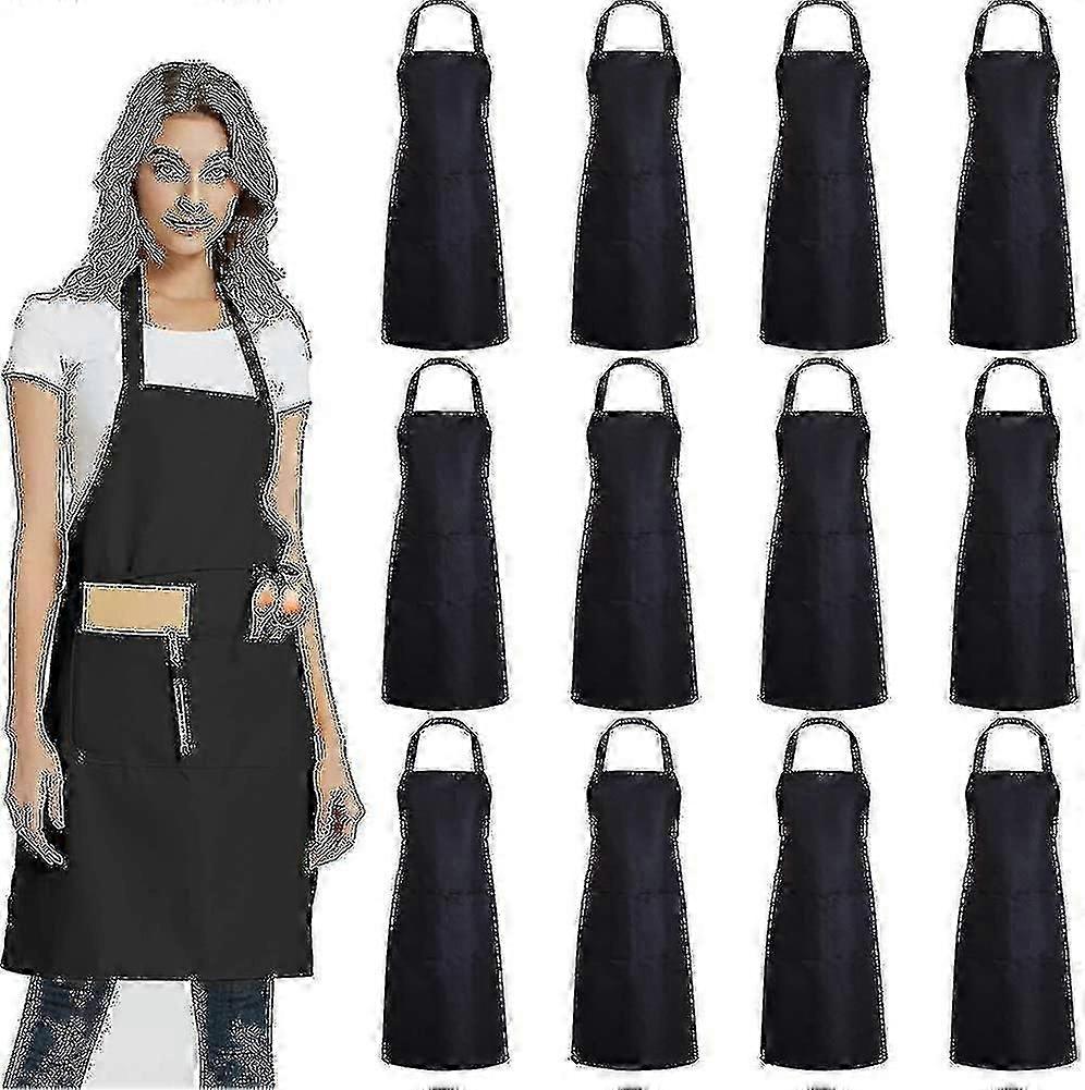 12 Pack Plain Bib Aprons With 2 Pockets - Black Unisex Commercial Apron Bulk