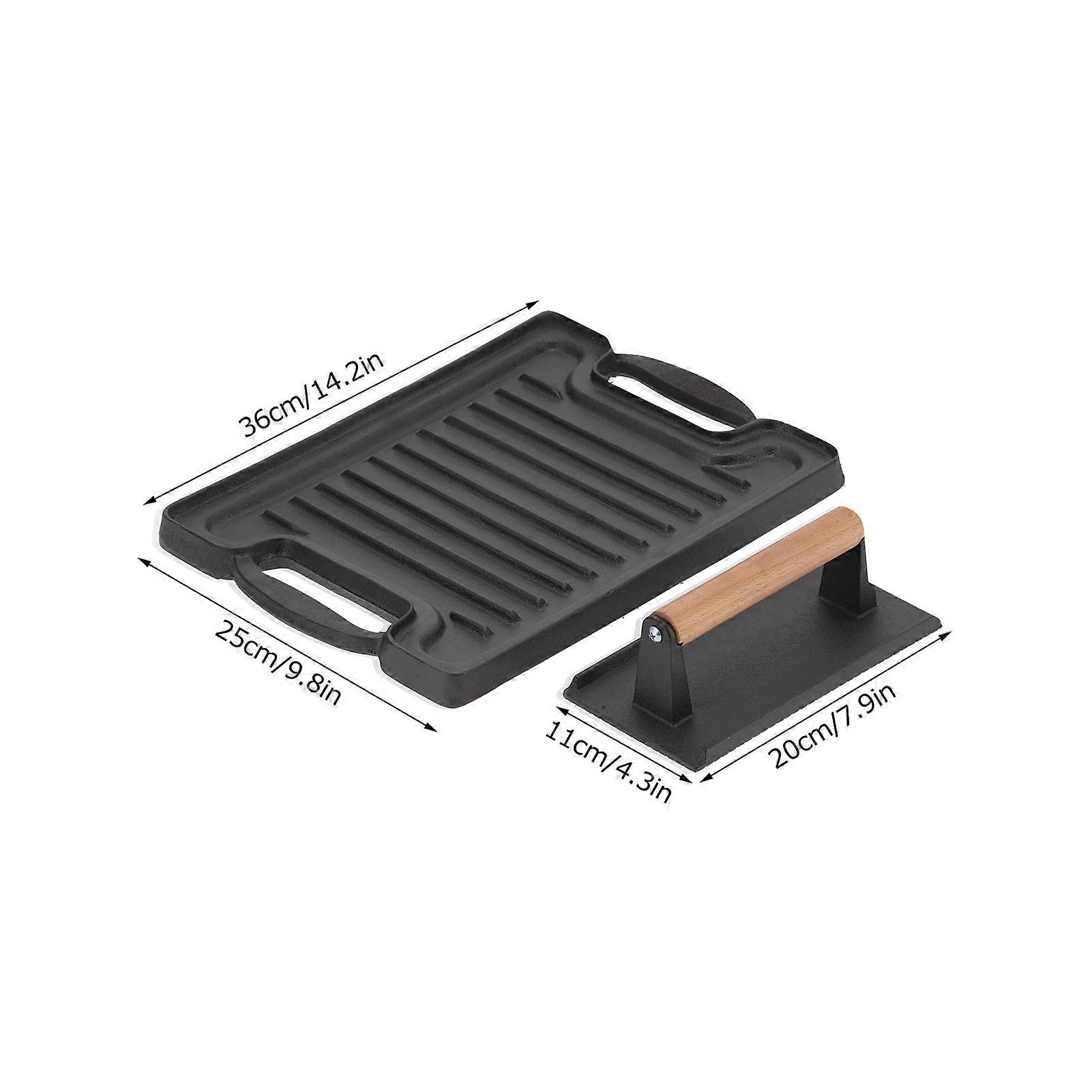 Cast Iron DoubleSided Grill Steak Griddle Plate with Rectangular Grill Press Barbecue Tool