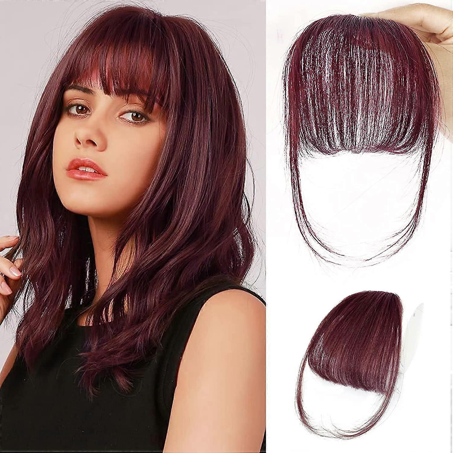 Wispy Clip in Bangs 100% Human Hair Extensions for Women - Curved Fringe Clip On Hairpiece in 9 Colors, #99J Wine Red