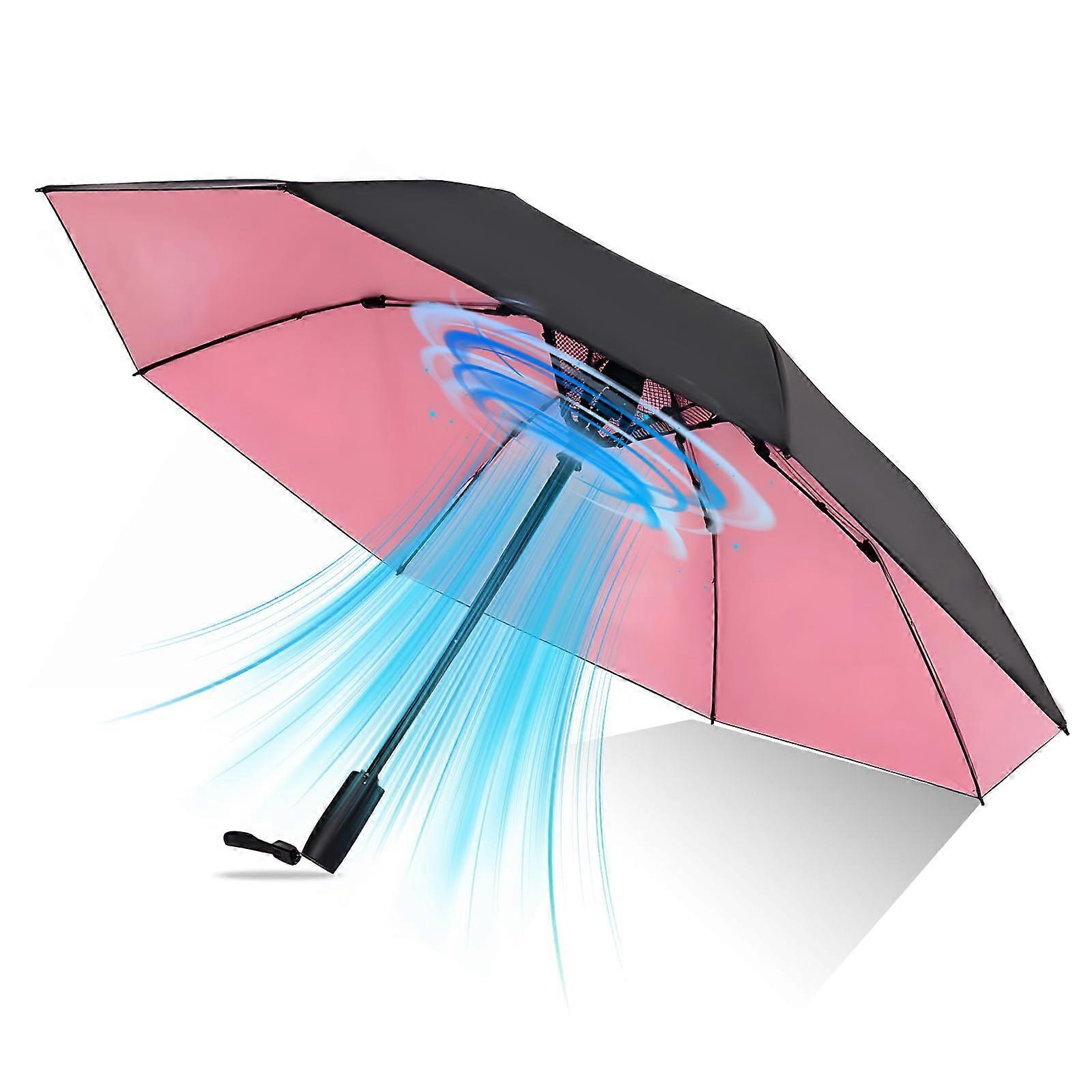 UV Umbrellas for Sun Protection with Built-In Fan, Portable Cooling Travel Umbrella for Summer, Rain, and Sun, Pink
