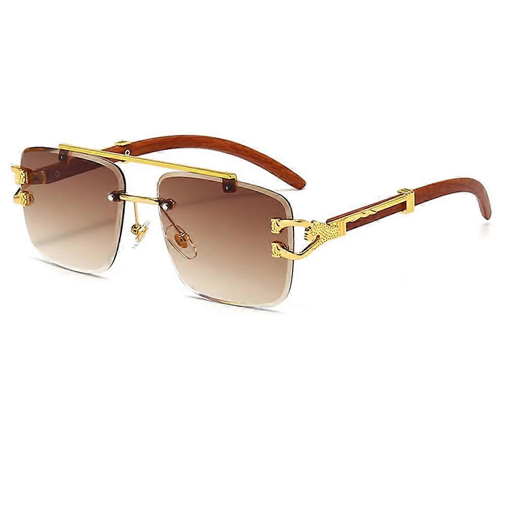 Oversized Rimless Square Sunglasses for Men and Women, Retro Designer Style, Imitation Wooden Frame, UV Protection