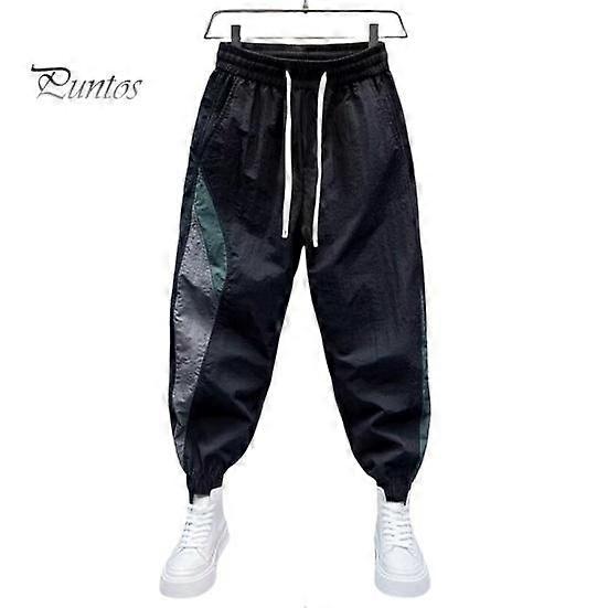 Men Pants Color Matching Drawstring Elastic Waist Ankle-banded Loose Side Pockets Cargo Style Daily Wear Outdoor Harem Pants