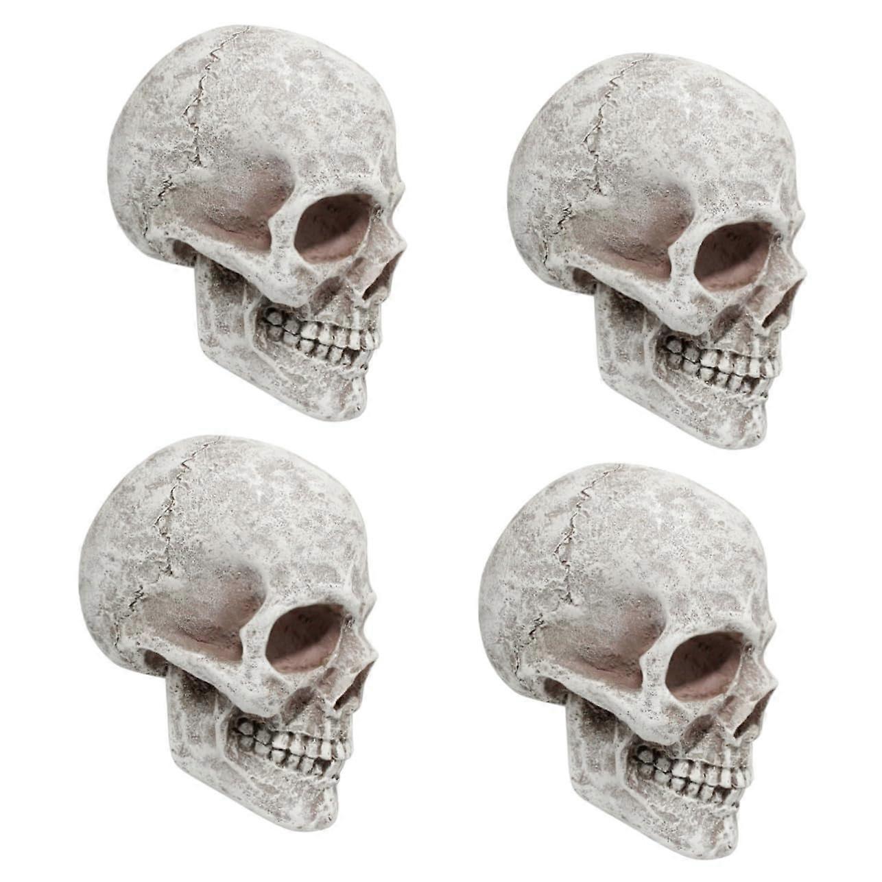 Skull Decorations - 4-Piece Resin Skull Statues for Halloween, Creepy Skeleton Ornaments in White Color