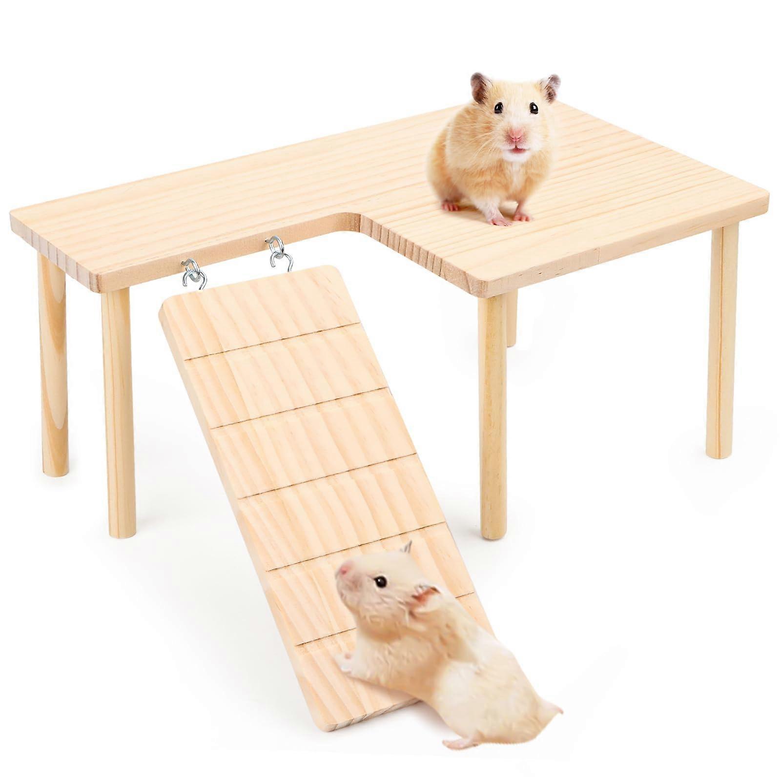 Wooden Hamster Platform with Climbing Ladder, Small Pet Training Platform, Cage Accessories, Natural Wood Material, 2-Level Design