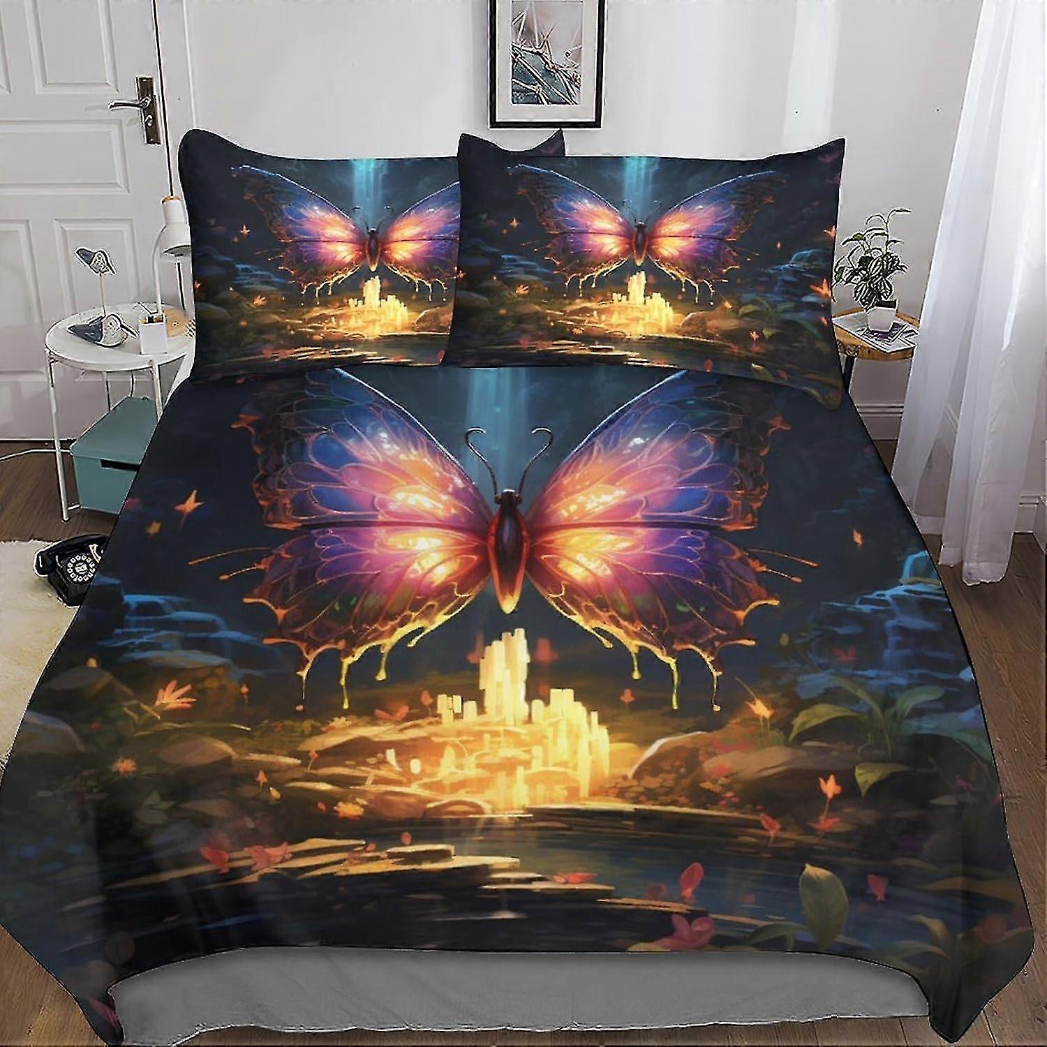 Conjunto de capa de edredom de borboleta colorida Conjunto de cama de microfibra 3D com fronhas, conjunto de 3 peças, capa de colcha com zíper