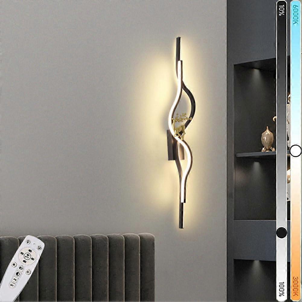 LED Long Wall Light 26W Dimmable Black Gold Indoor Lamp 60cm Remote Control Modern Curve Design 3000K-6000K Aluminium Acrylic