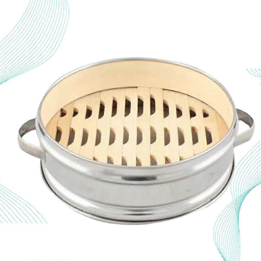 Khaki Metal Food Steamer Basket with Bamboo Bottom for Kitchen Use Suitable for Dumplings and Buns 20cm