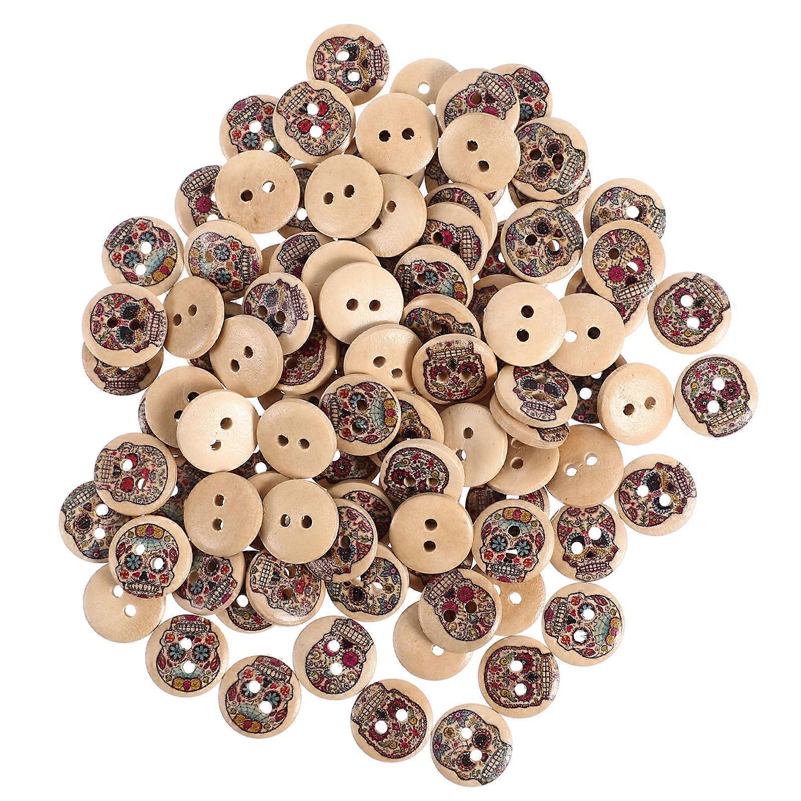 Hand Made Buttons Halloween Themed Skull Pattern Wooden Buttons Assorted Color 1.5X1.5CM Sewing Craft Projects 200Pcs