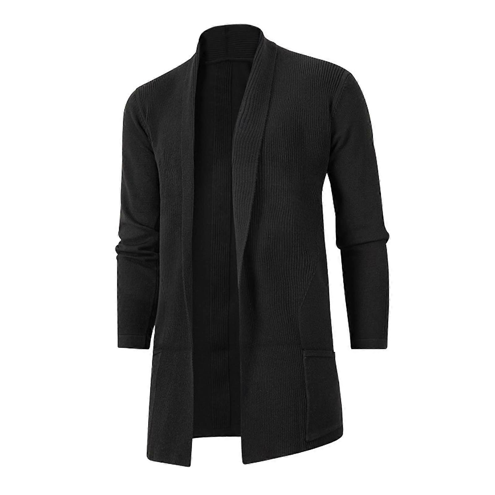 Sweatjacke Men's Cotton Solid-Color Longline Cardigan Stand Collar Black Size L Winter Transitional Jacket With Pockets