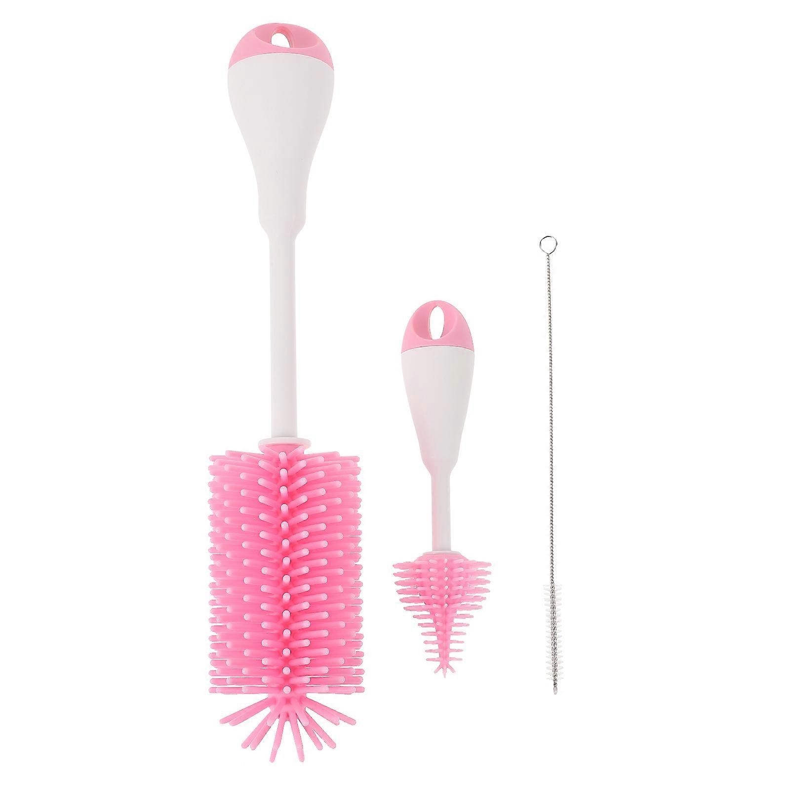 Pink Silicone Baby Bottle Cleaning Set with Long Handle for Bottles and Cups 3 Pieces