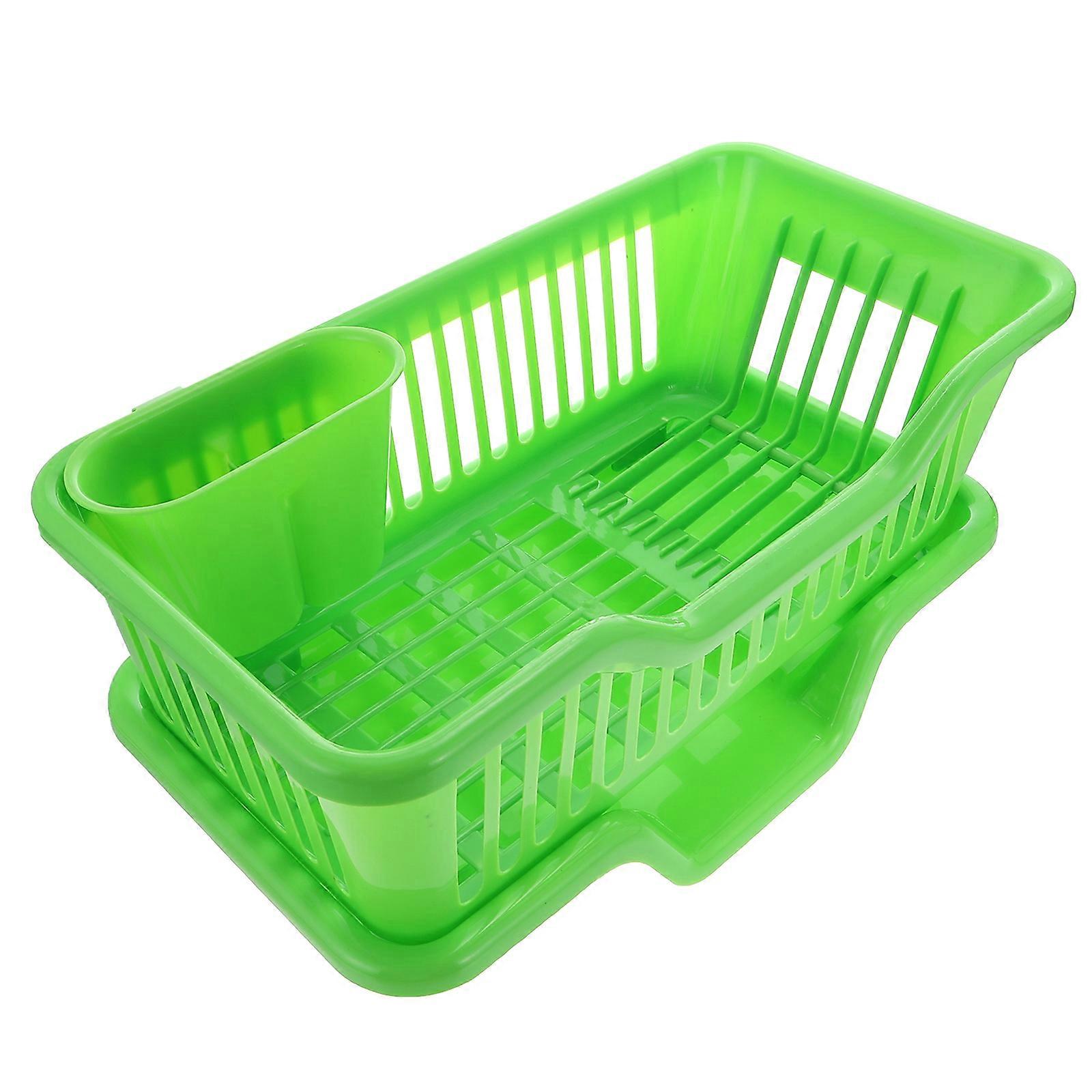 1 Set Kitchen Dish Drying Rack with Drain Basket for Tableware Storage in ABS Green