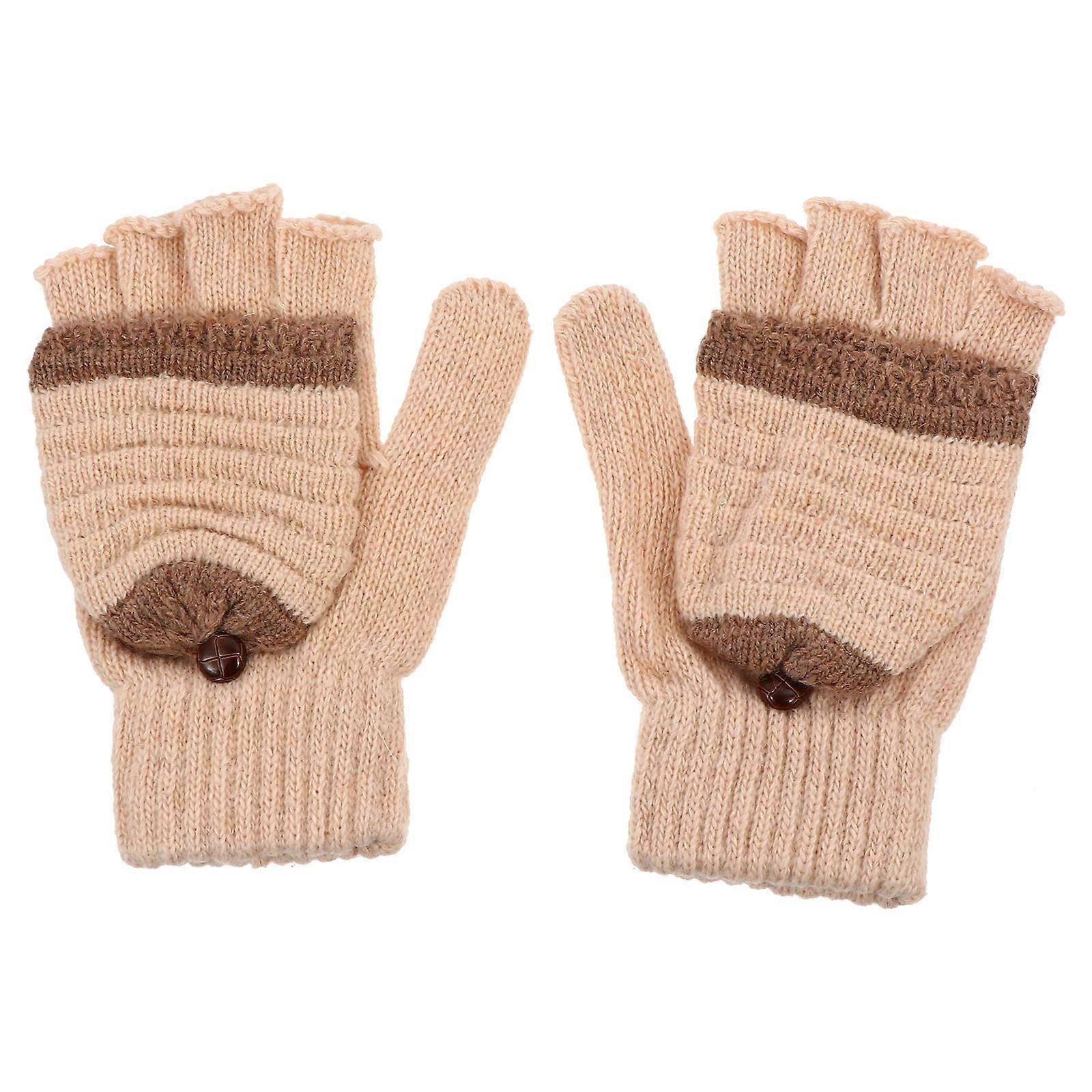 Knitted Warm Gloves For Women 1 Pair Beige Convertible Half Finger Design For Computer Use