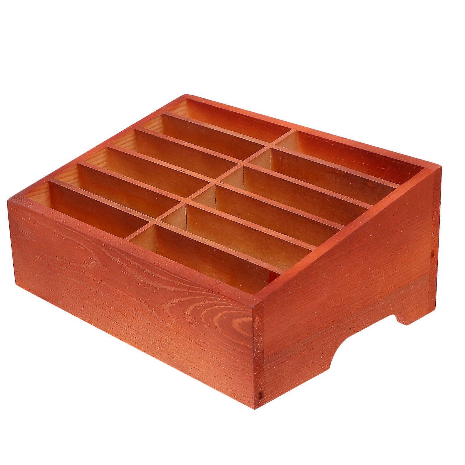 Wooden Grid Storage Rack for Phone Organization in Office or Retail Spaces