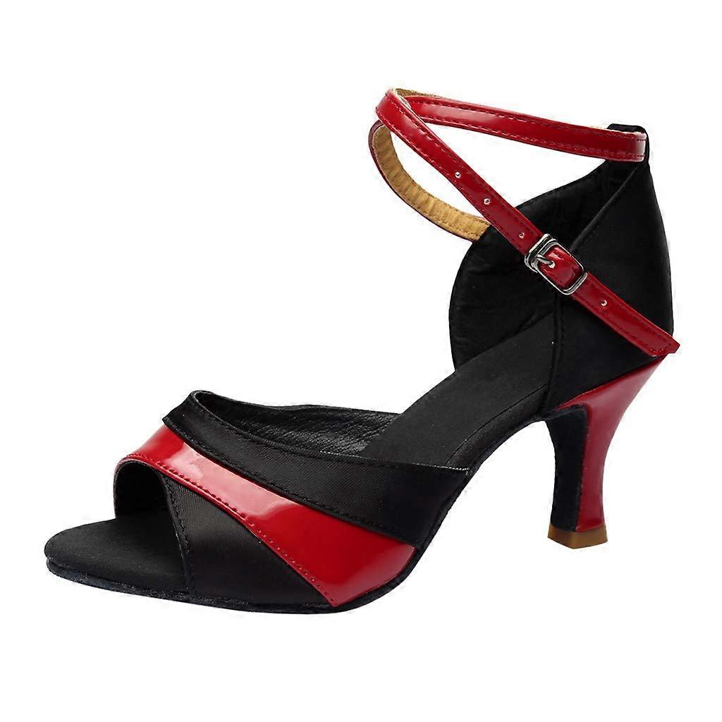 Women's Latin Dance Shoes Open Toe Satin Sandals Low Heel for Salsa and Ballroom Training Red 42 EU Comfortable Soft Sole