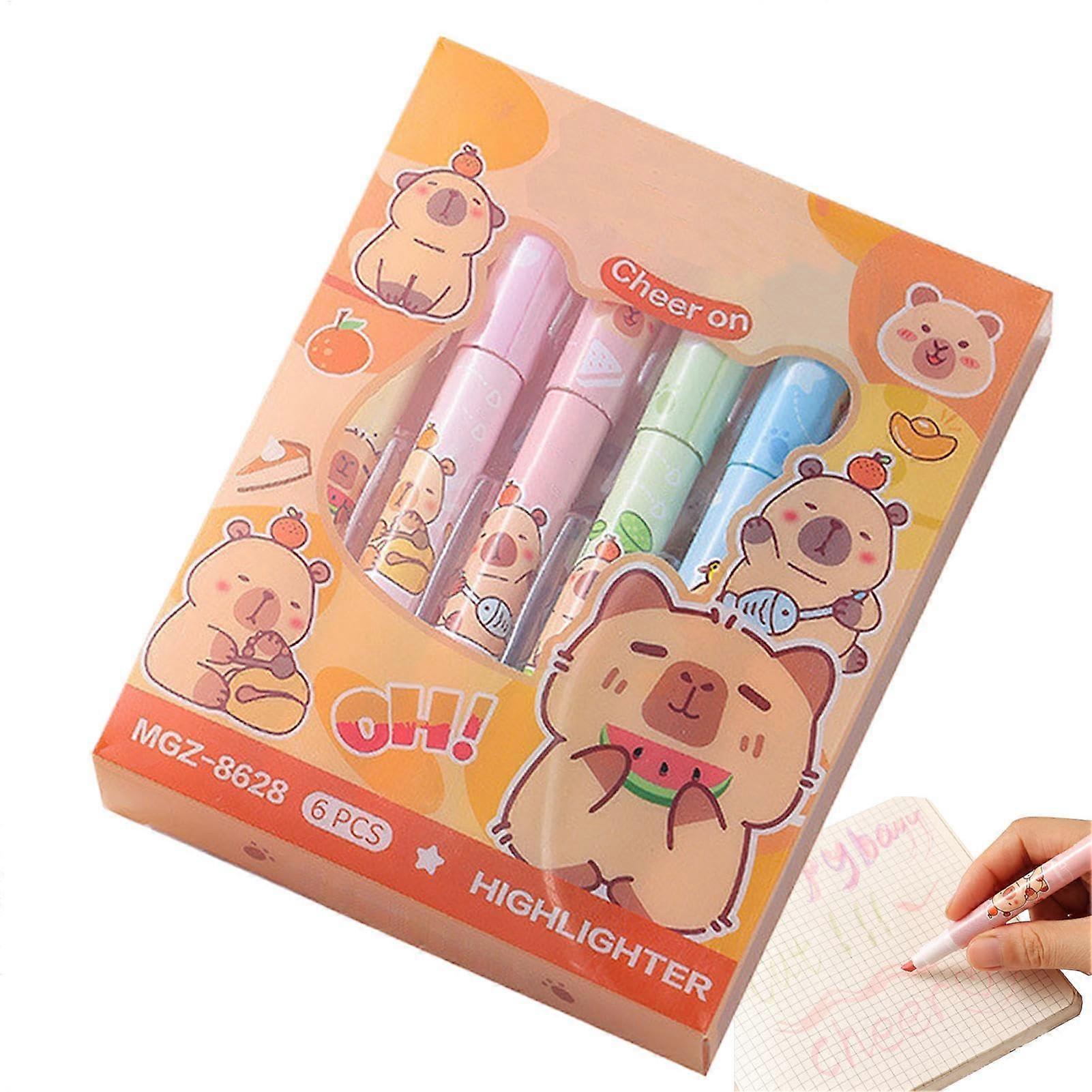 Cartoon Highlighter Student Highlighters Chisel Tip, Cute Capybara Pastel Fluorescent Marker Pens Set of 6 for Students, School Supplies