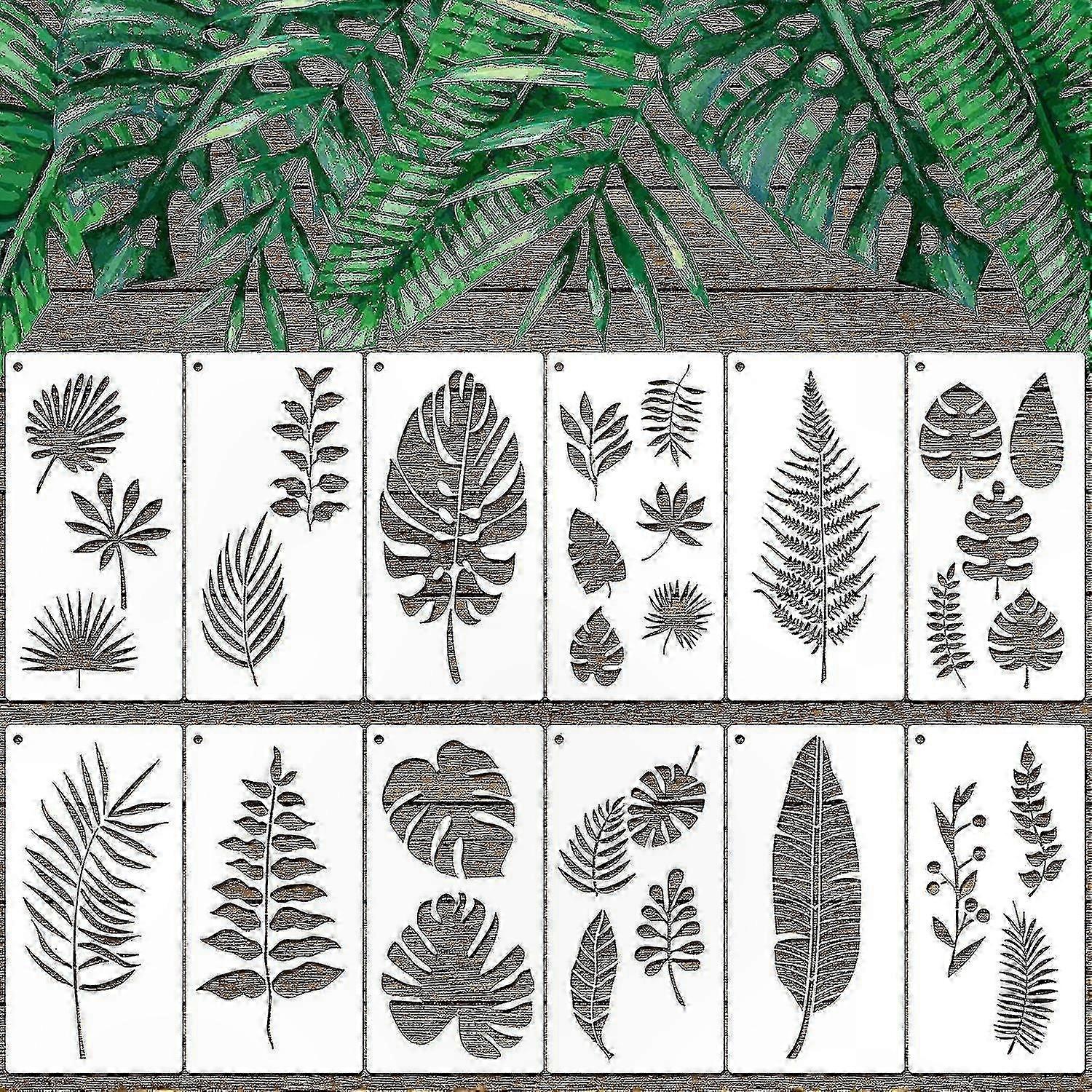 Set of 12 Botanical Leaf Stencils, Reusable Tropical Wall Art Templates for Home Decor Projects