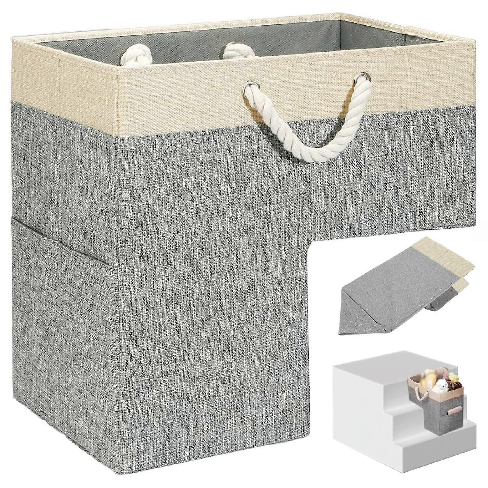 Stair Basket Foldable 16x16x10in Fabric Step Basket Understairs Storage Keeps Essentials With Front Pocket And Handle