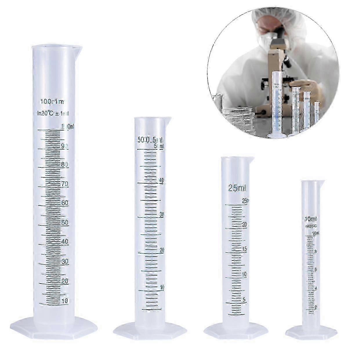 4-Piece Transparent Plastic Graduated Cylinder Set for Lab Use - 10ml, 25ml, 50ml & 100ml Measuring Cylinders