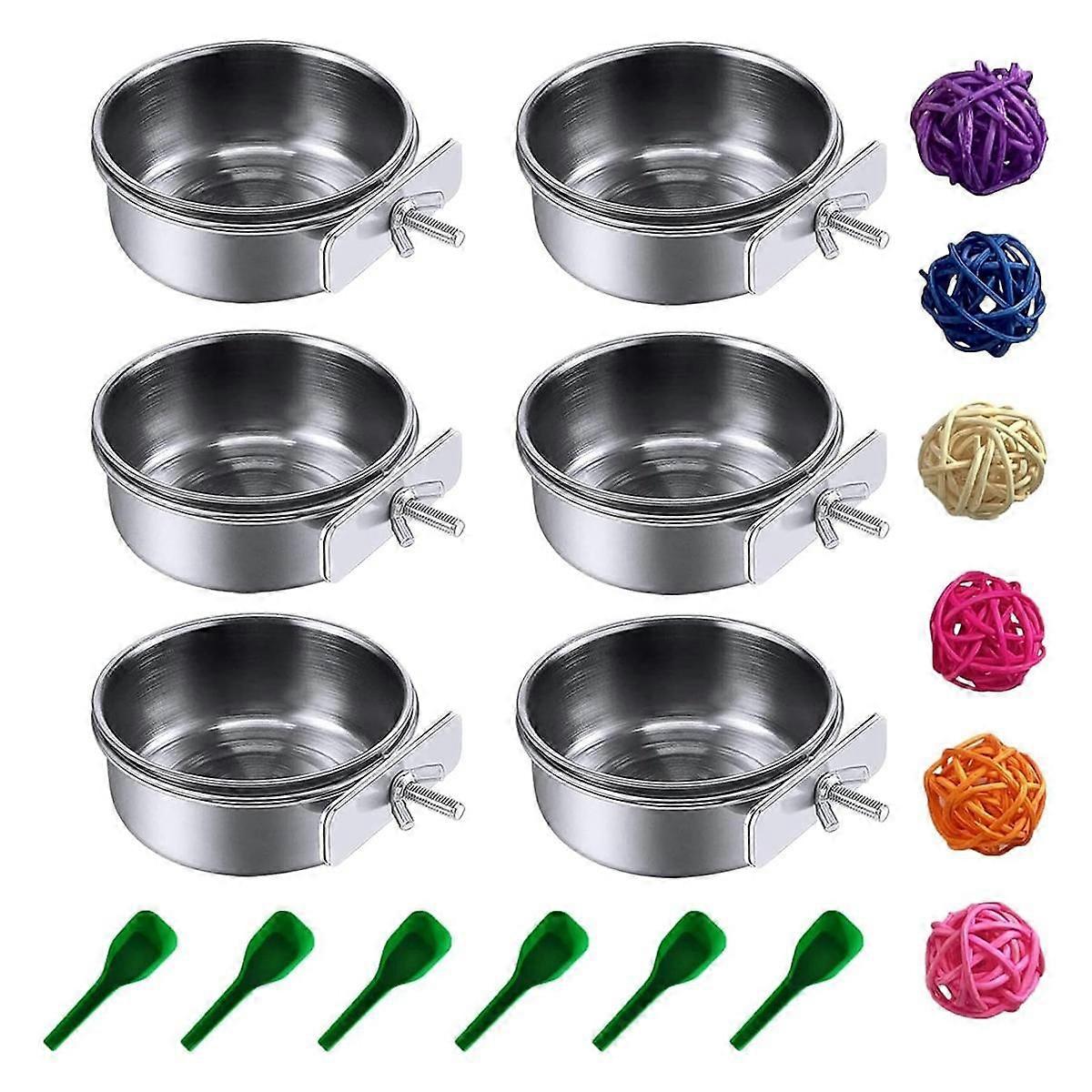 6 Stück Edelstahl Vogelfutternapf Becher, Papagei Feeder Sittich Futter Wassernäpfe mit Klemme