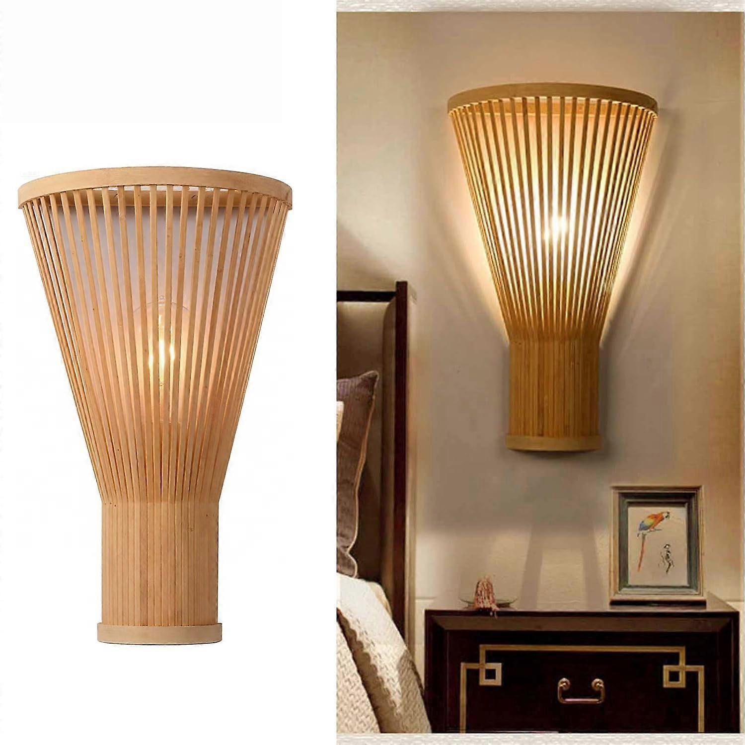 Bamboo Wall Light With Wicker Rattan Shade, E27 Rustic Wall Sconce, Bedroom Hallway Living Room Lantern Without Bulb