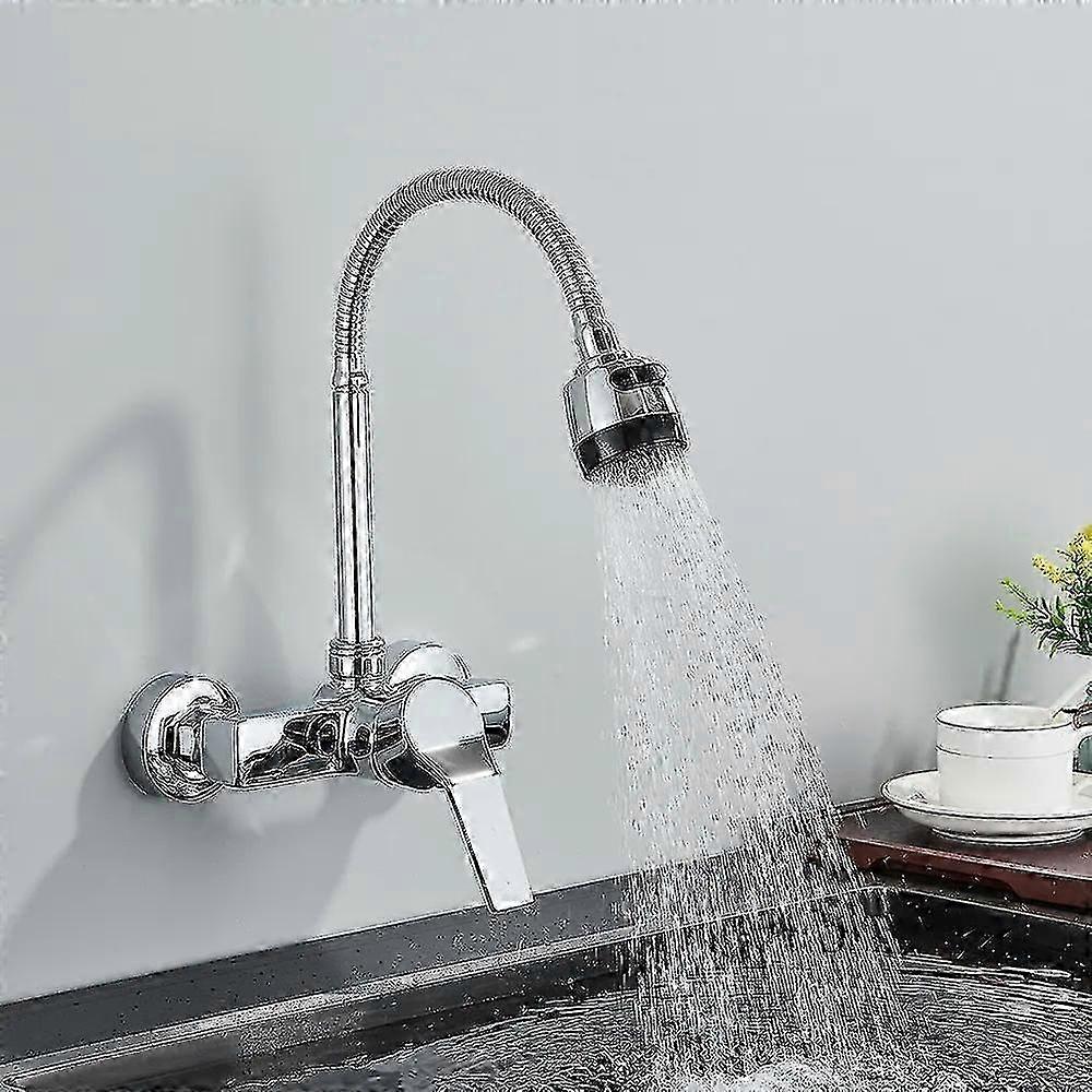 クロームデュアルホール壁掛けキッチン蛇口 - スプレーバブラー付き鉛フリー温水/冷水ミキサー & フレキシブル 360° 回転パイプ付き