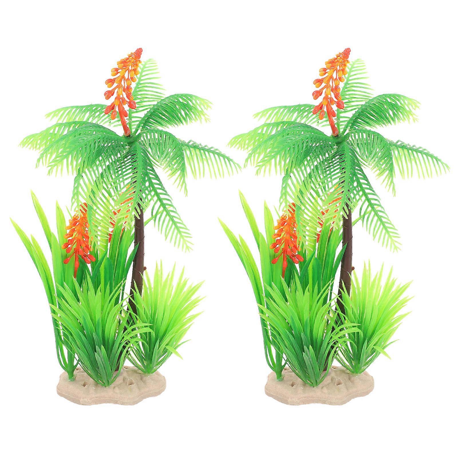 Aquarium Plants Simulation Palm Tree with 2Pcs Plastic Fish Tank Decor