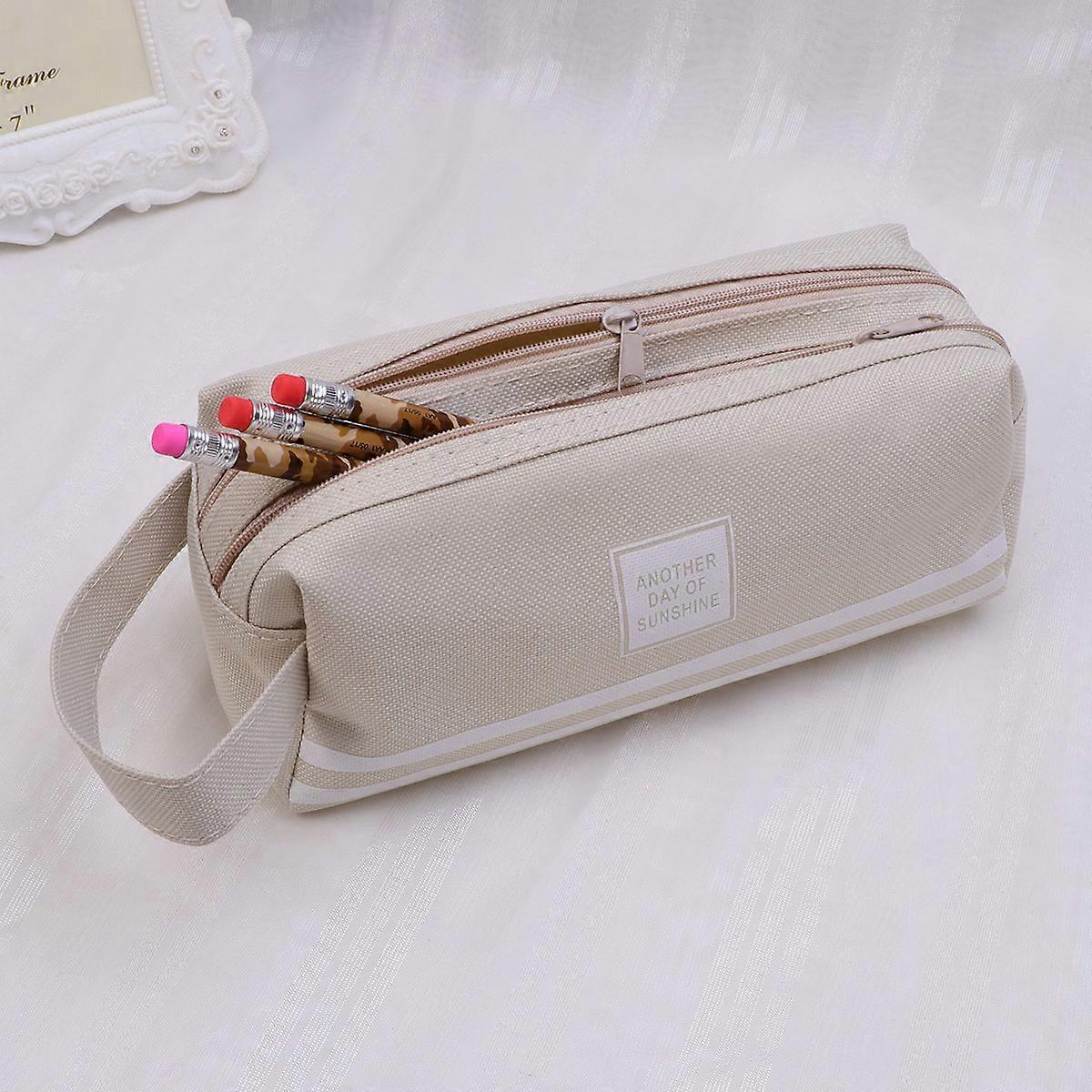 Portable Cosmetics Bag Double Layer Pack for Storage Pen Beige Color