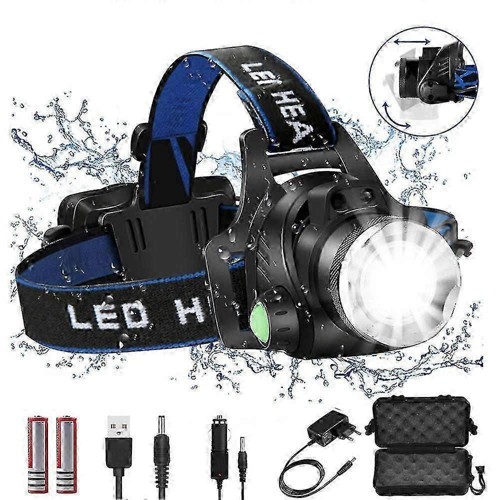 Lampe frontale LED la plus puissante, étanche, rechargeable par USB, 4 modes de lumière, idéal pour le camping, T6, 80000lumens