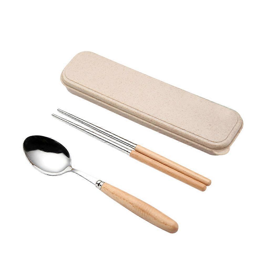 Wood Handle Stainless Set Dinnerware Kit Include Spoon Fork ChopsticksBox Travel Picnic Tableware