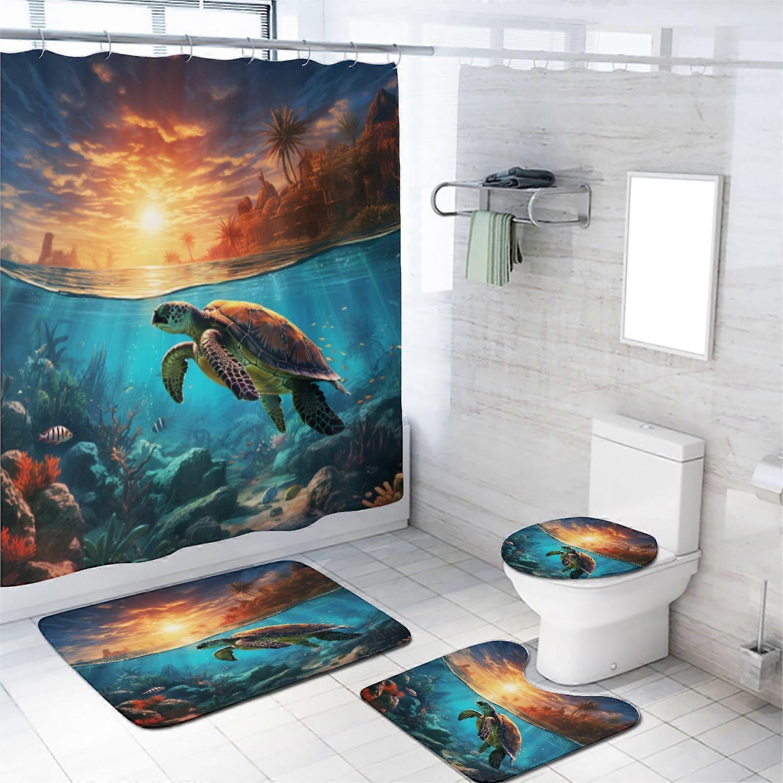 Zeeschildpad Douchegordijn Set met Antislip Tapijt, Kuststrand Nautisch Blauw Oceaan Palmboom Zonsondergang Ontwerp, Inclusief Toiletdeksel Deksel & Badmat,
