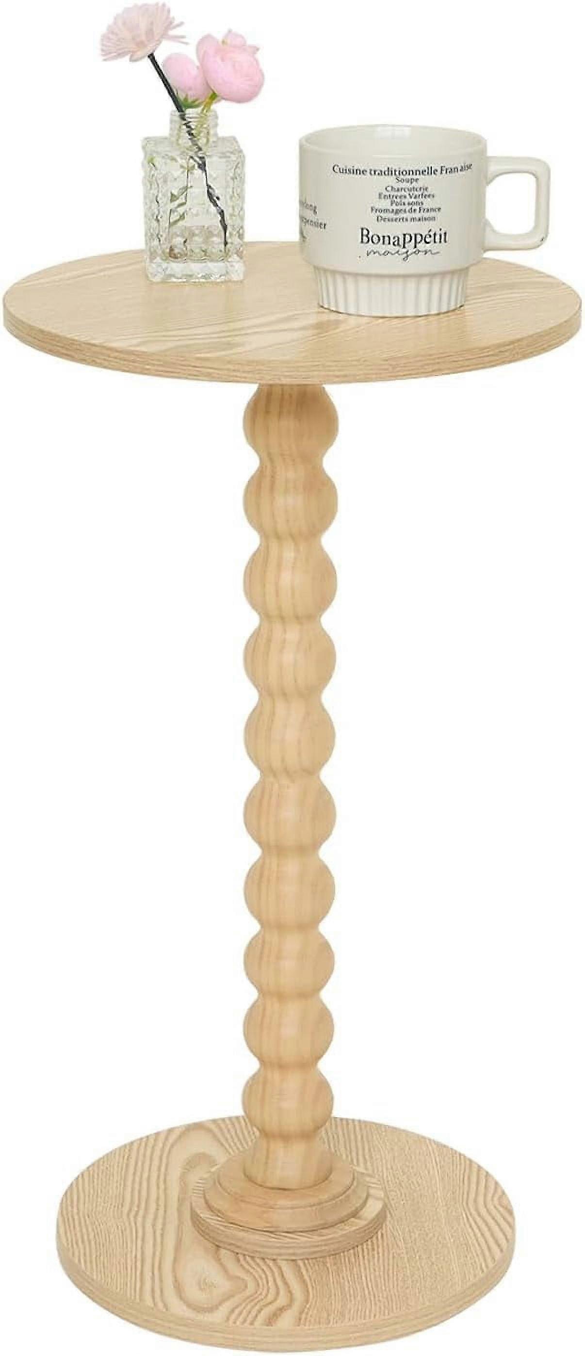 Round Side Table, Small Drink Table for Small Spaces, Modern Accent End Table with Solid Wood Leg (Natural)