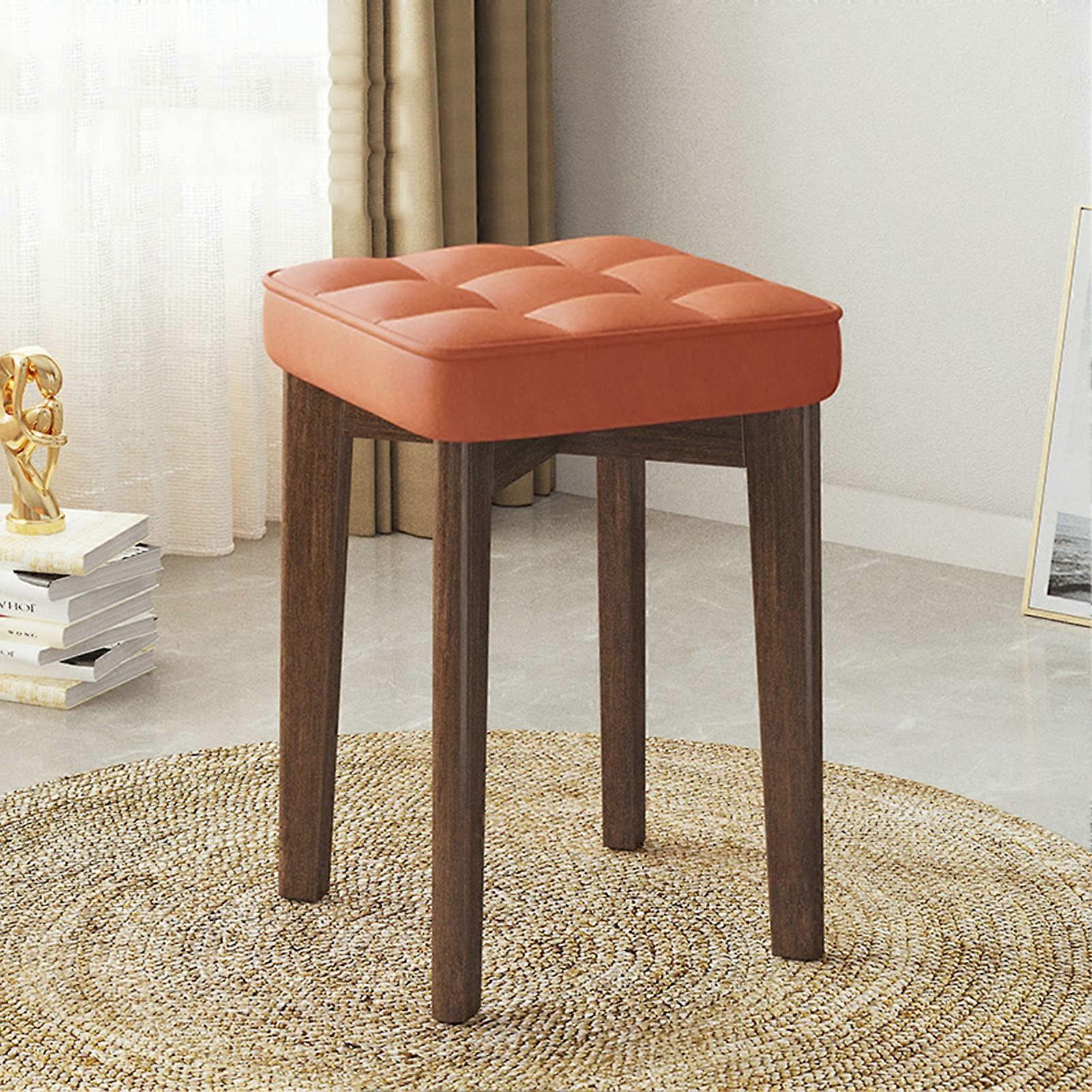Retro Makeup Stool Solid Wood Dining Chair Stackable Bench Tech Cloth Cushion Walnut Legs Orange