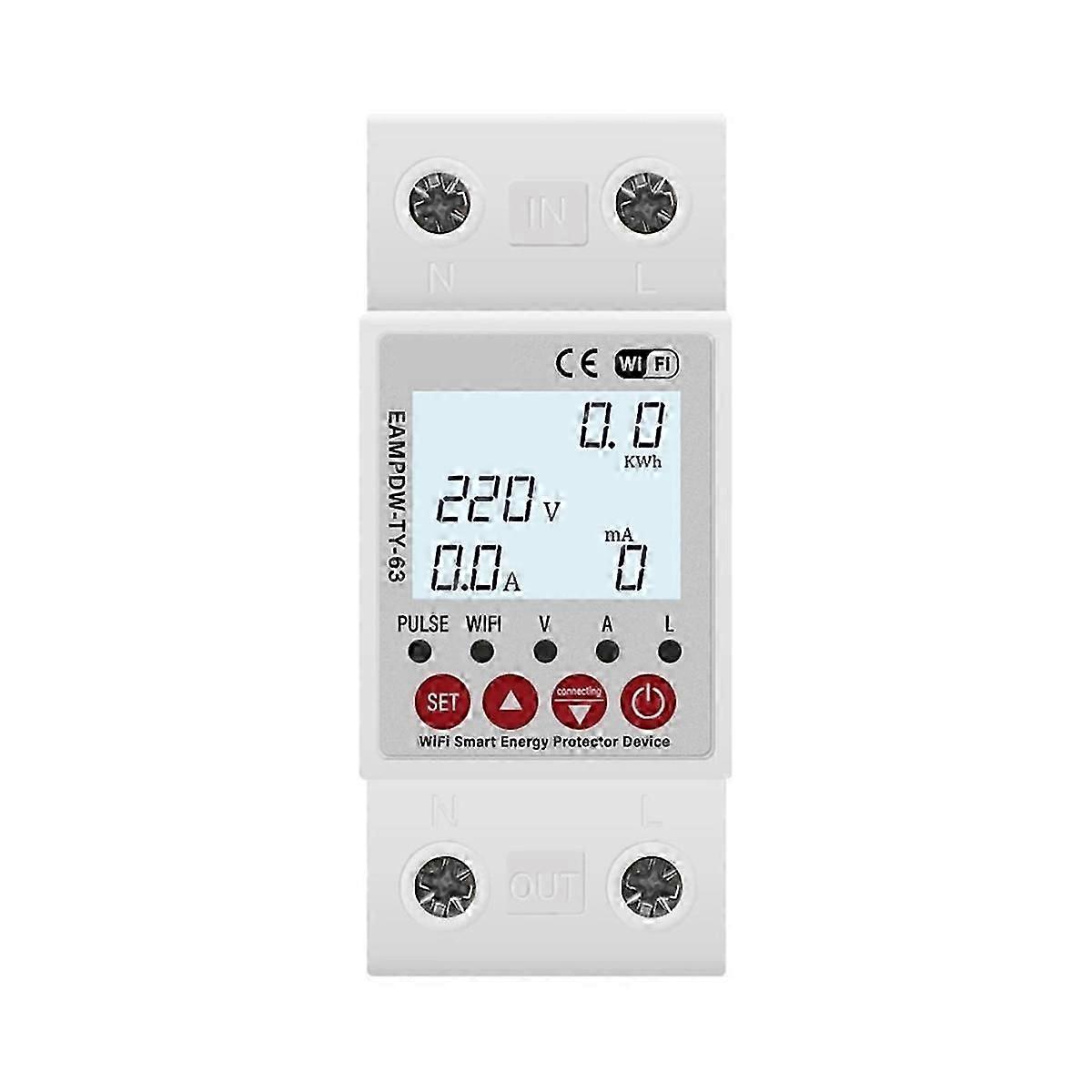 2P 63A TUYA WiFi Smart Protector Relay Device Switch Breaker Earth Leakage over Under Voltage Energy