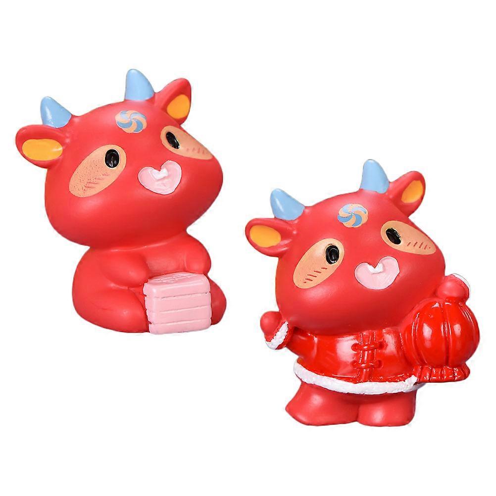 New Year Ox Figurine 2Pcs Home Adornment Desktop Ornament Showcase Ornament Red Calf Shape Design