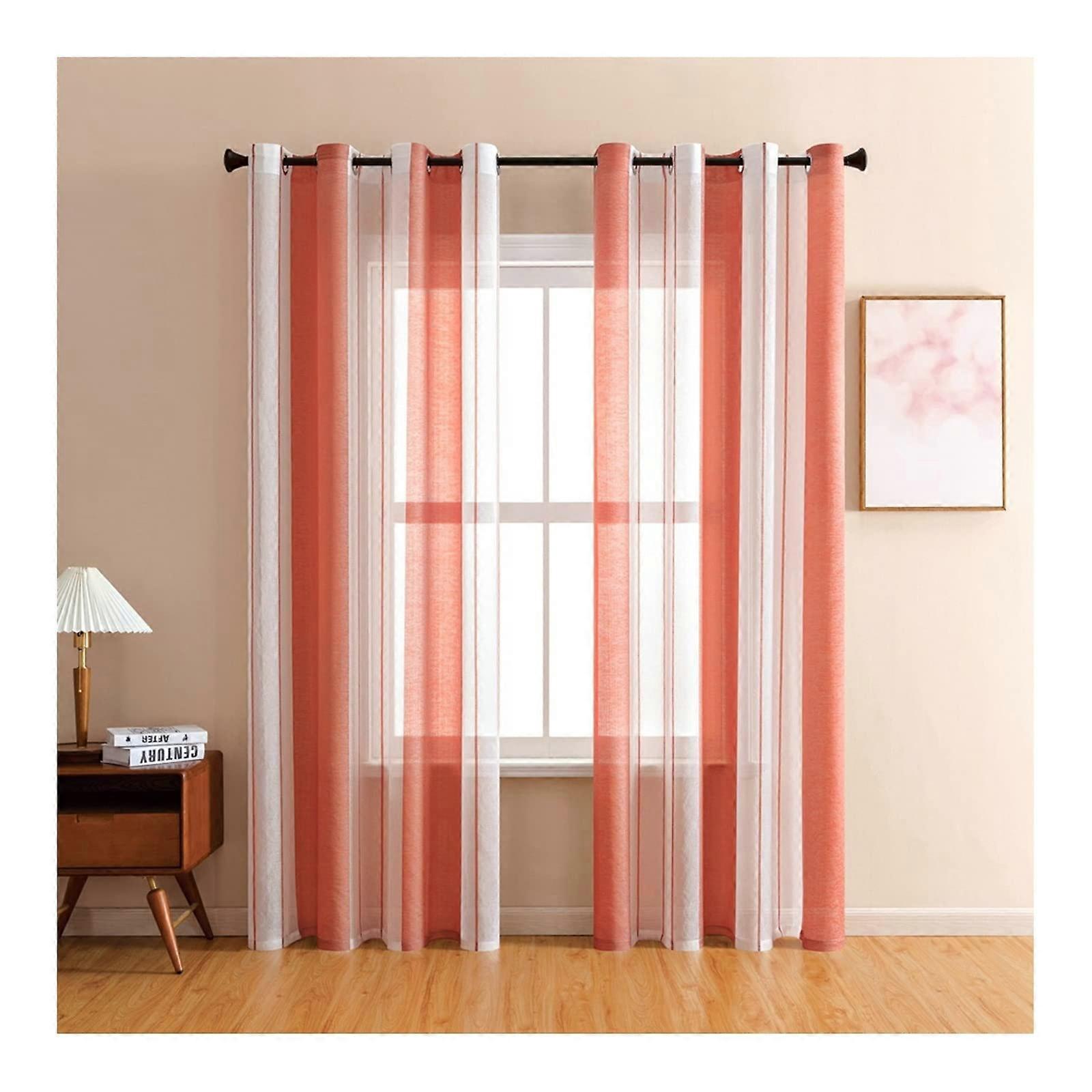 Living Room Curtains Voile Sheer Panels, 2 Panels, 40.2 x 84.3 Inches, Orange White Stripe, Grommets