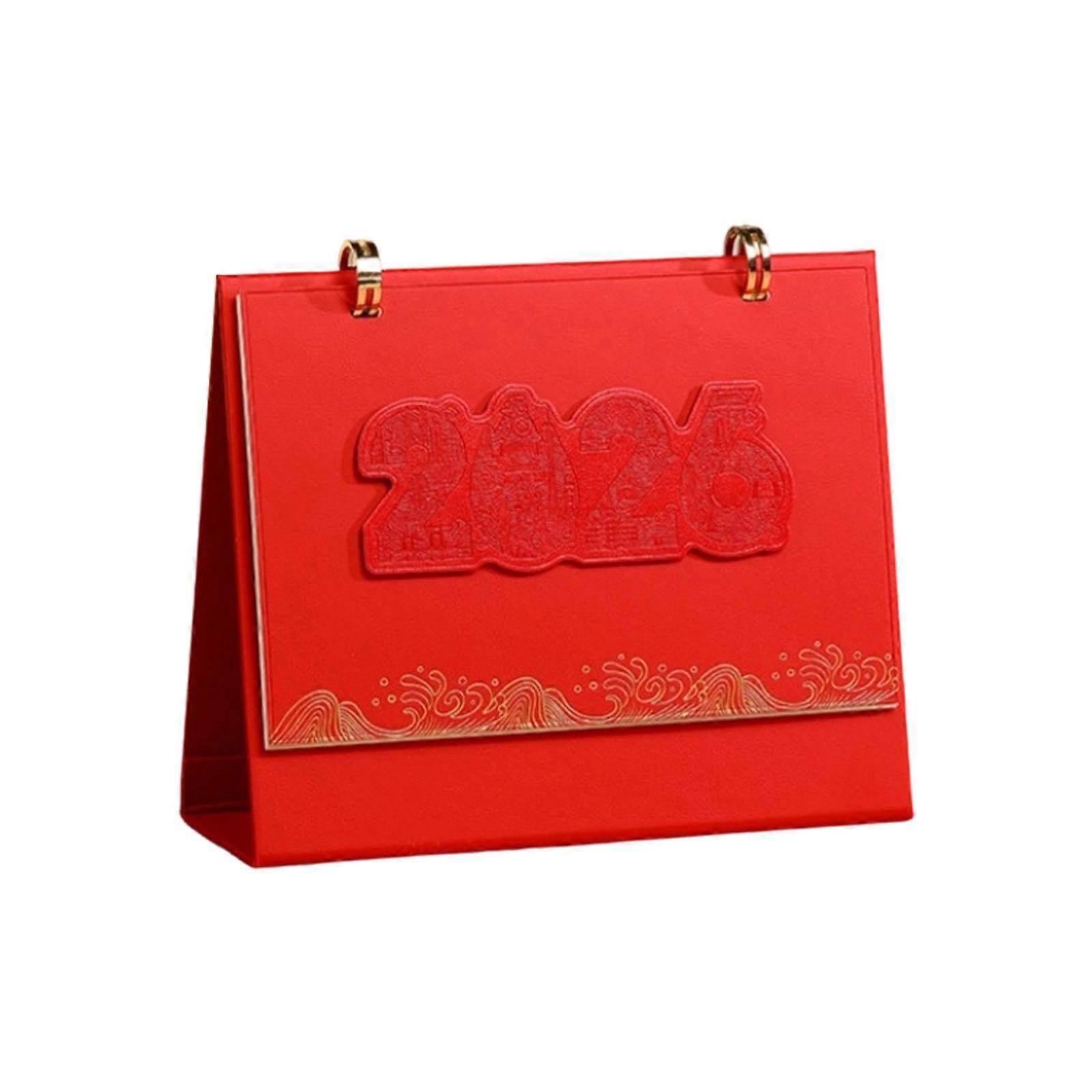 Sophisticated 2026 Desktop Calendar Tearable Pages Natural PU Texture Thickened Base Suitable for Home Office Essential  Red