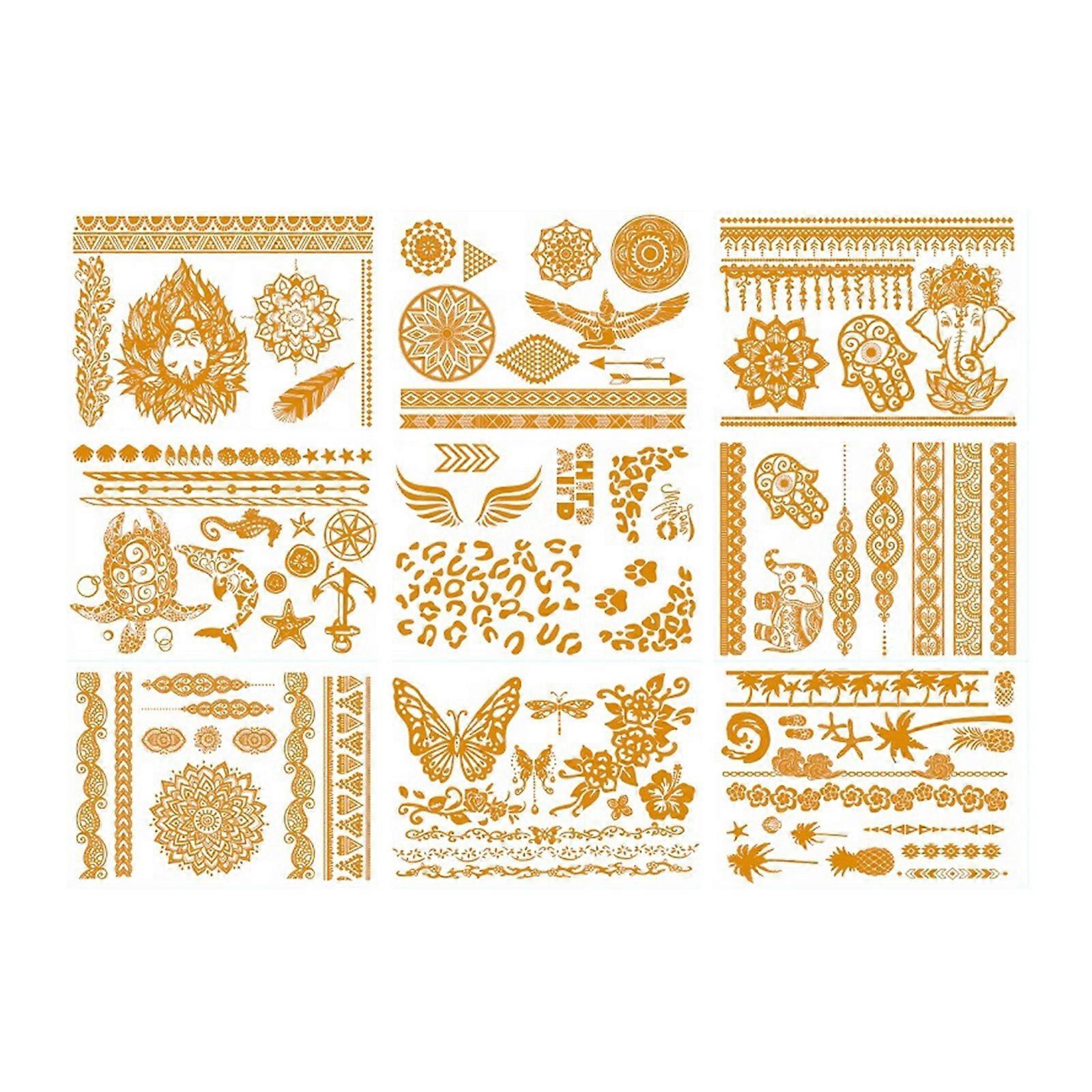 9 Sheets Reusable Metallic Temporary Tattooing Paper For Cosplay Event And Themed Parties Unique Patterns Multicolor