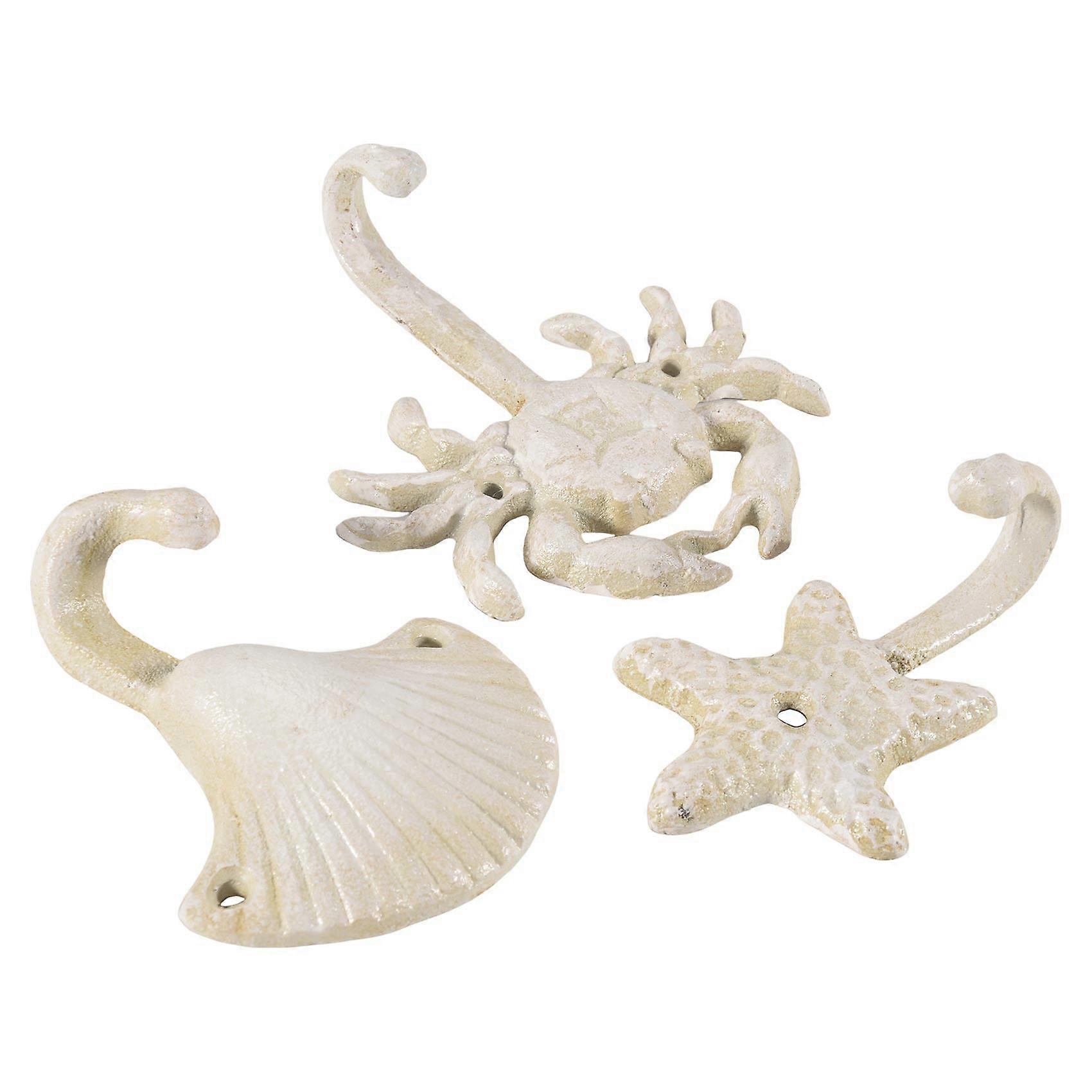Set Of 3 Starfish Seashell Crab Cast Iron Decorative Wall Hooks Coats Aprons Towels Hooks Beach Ocean Theme Metal Hooks