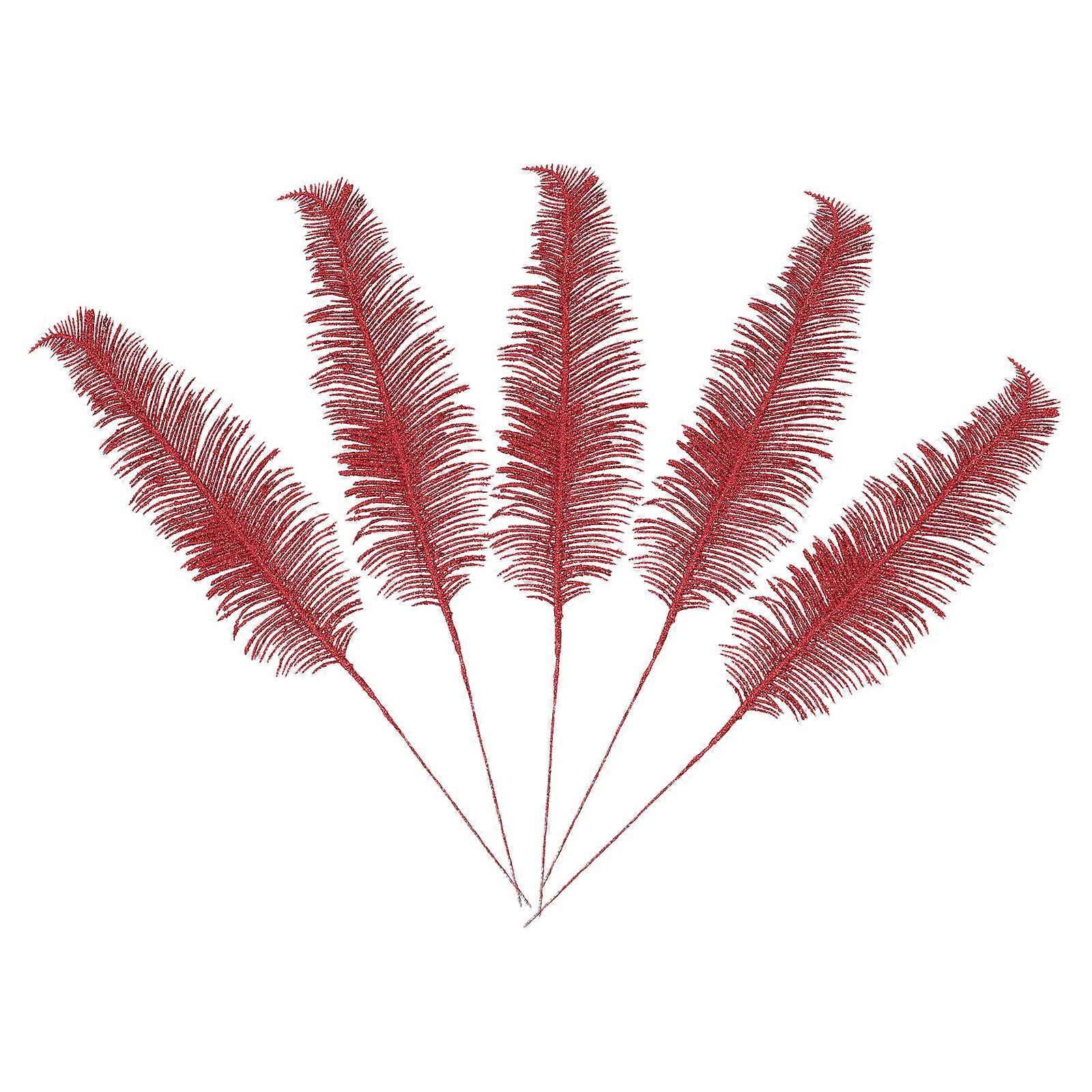 5Pcs Christmas Tree Artificial Leaves Decoration with Red Glitter Plastic