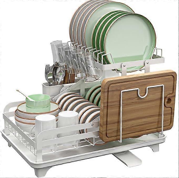 2 Tier Stainless Steel Dish Drying Rack with Swivel Drainboard, Foldable Rustproof Kitchen Counter Organizer