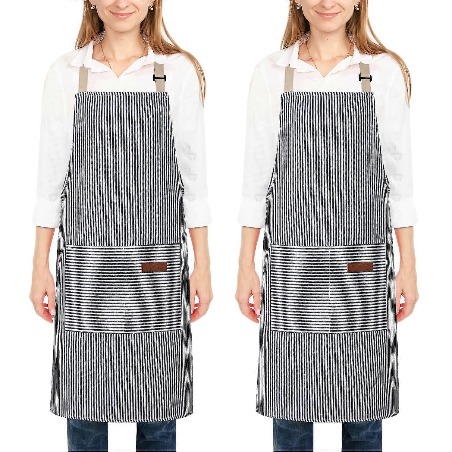 2 Pack Kitchen Apron with Adjustable Neck Strap and Large Pockets, Blue Stripe Chef Apron for Cooking BBQ