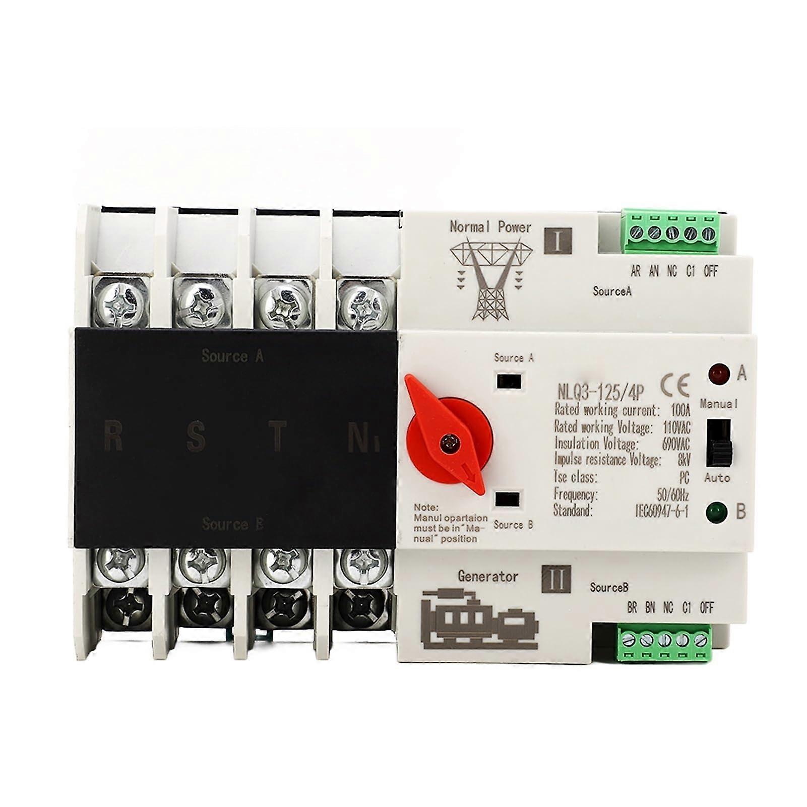 Automatic Transfer Switch 100A Rail Mounted Dual Power Generator Changeover for 110V AC Backup