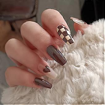 Faux ongles brillants à coller, forme cercueil, motif damier ballerine, taille moyenne, en acrylique, pour femmes