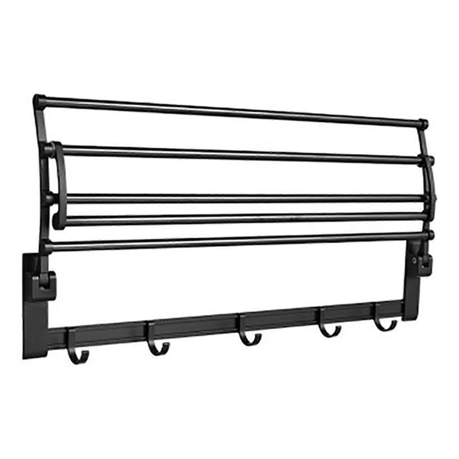 Bathroom Towel Rack Wall Mounted Folding Holder with Removable Hooks and SpaceSaving Design