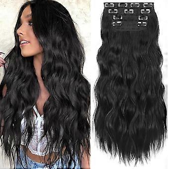 Clip-in-Haarverlängerungen aus synthetischem Haar, lang, gewellt, 4-teilig, voluminös, schwarze Kunstfaser, doppelt vernäht, 61 cm (24 Zoll) für Damen