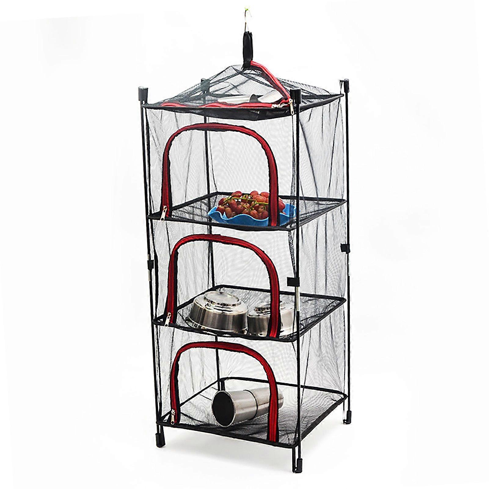 3 Layer Hanging Mesh Rack Foldable Multifunction Portable Foldable Drying Net for Vegetables Flowers Red