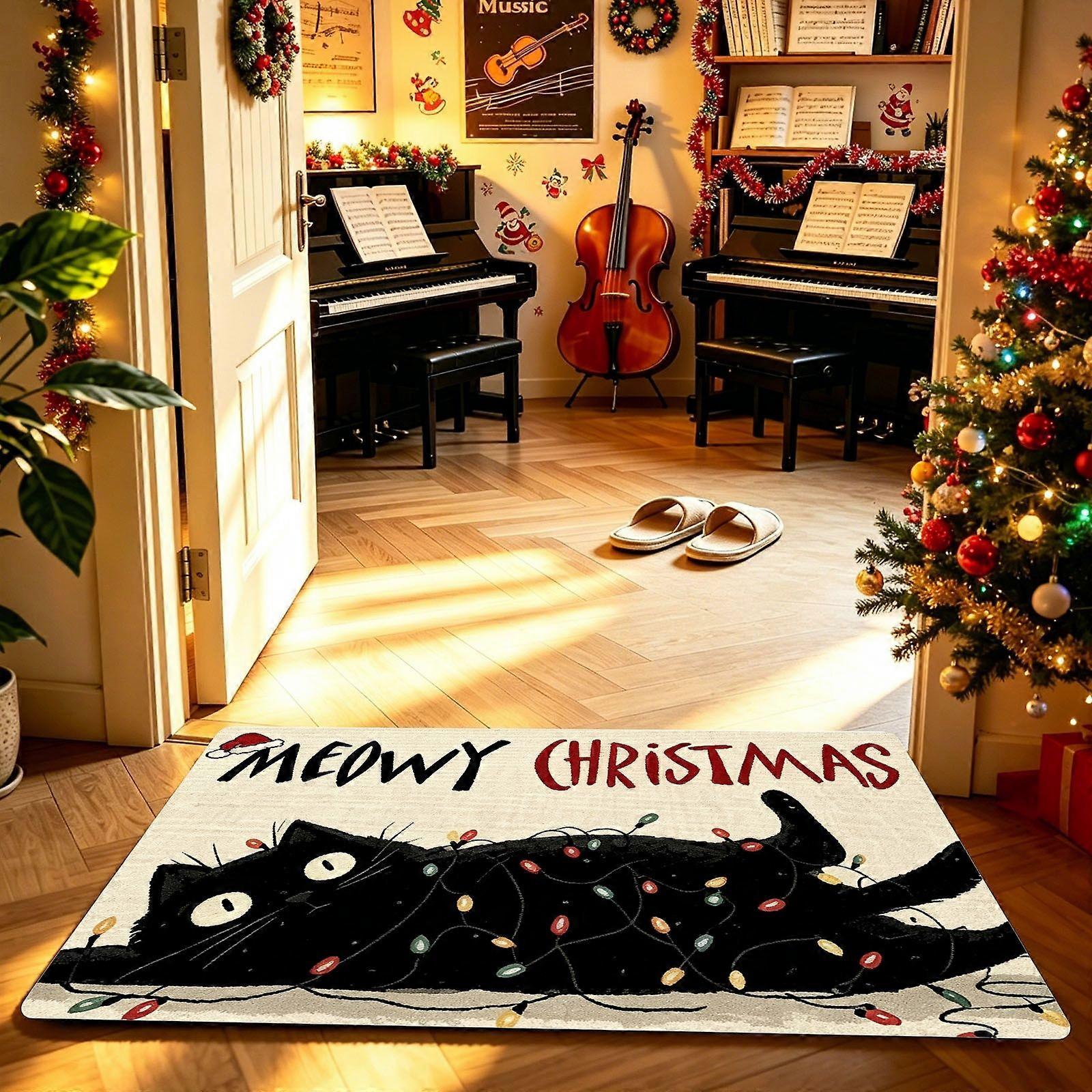 Floor Mat Featuring black cat, Christmas Artwork