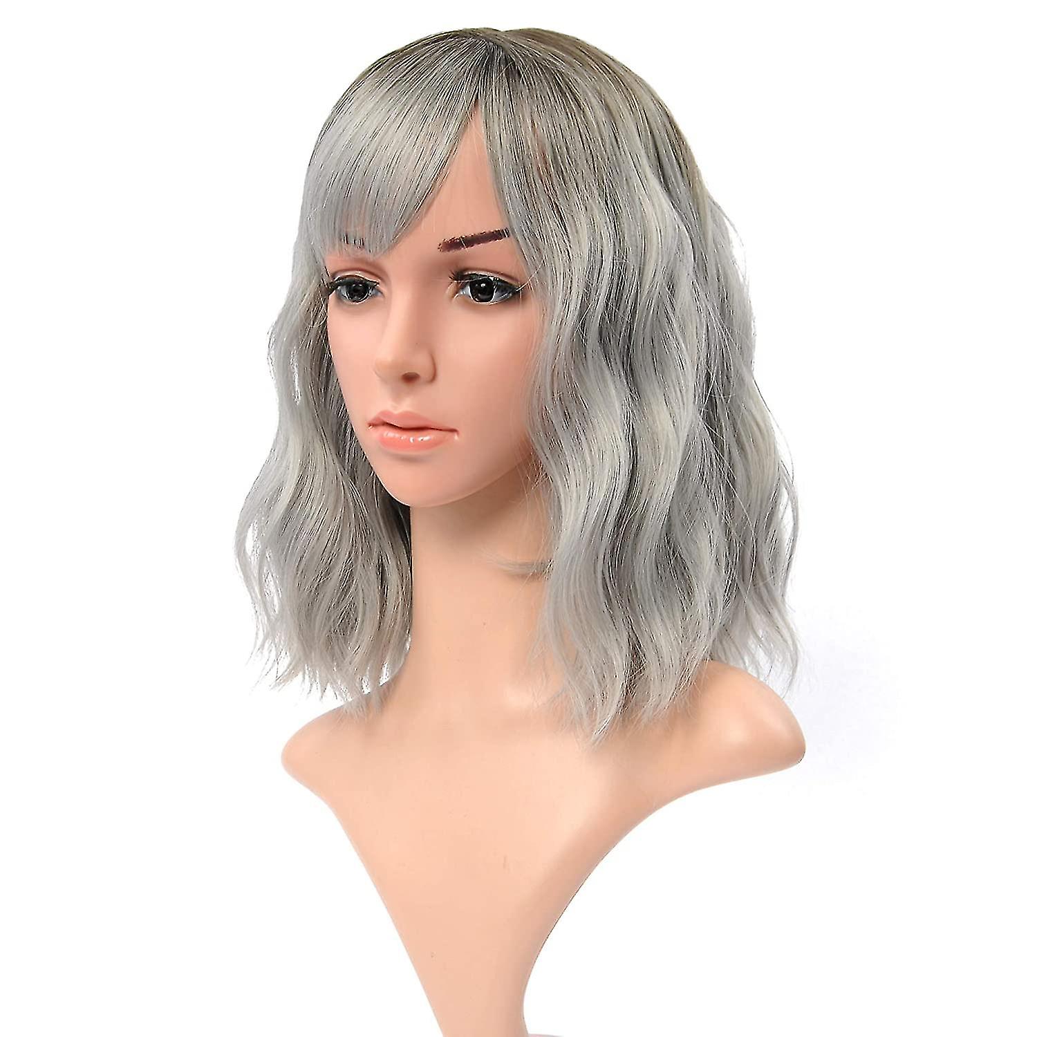 Ombre Color Natural Wavy Wig With Air Bangs Black To Gray Colorful Short Bob Wigs For Women's Shoulder Length Wigs Curly Wavy Cosplay Wig Bob Wig For
